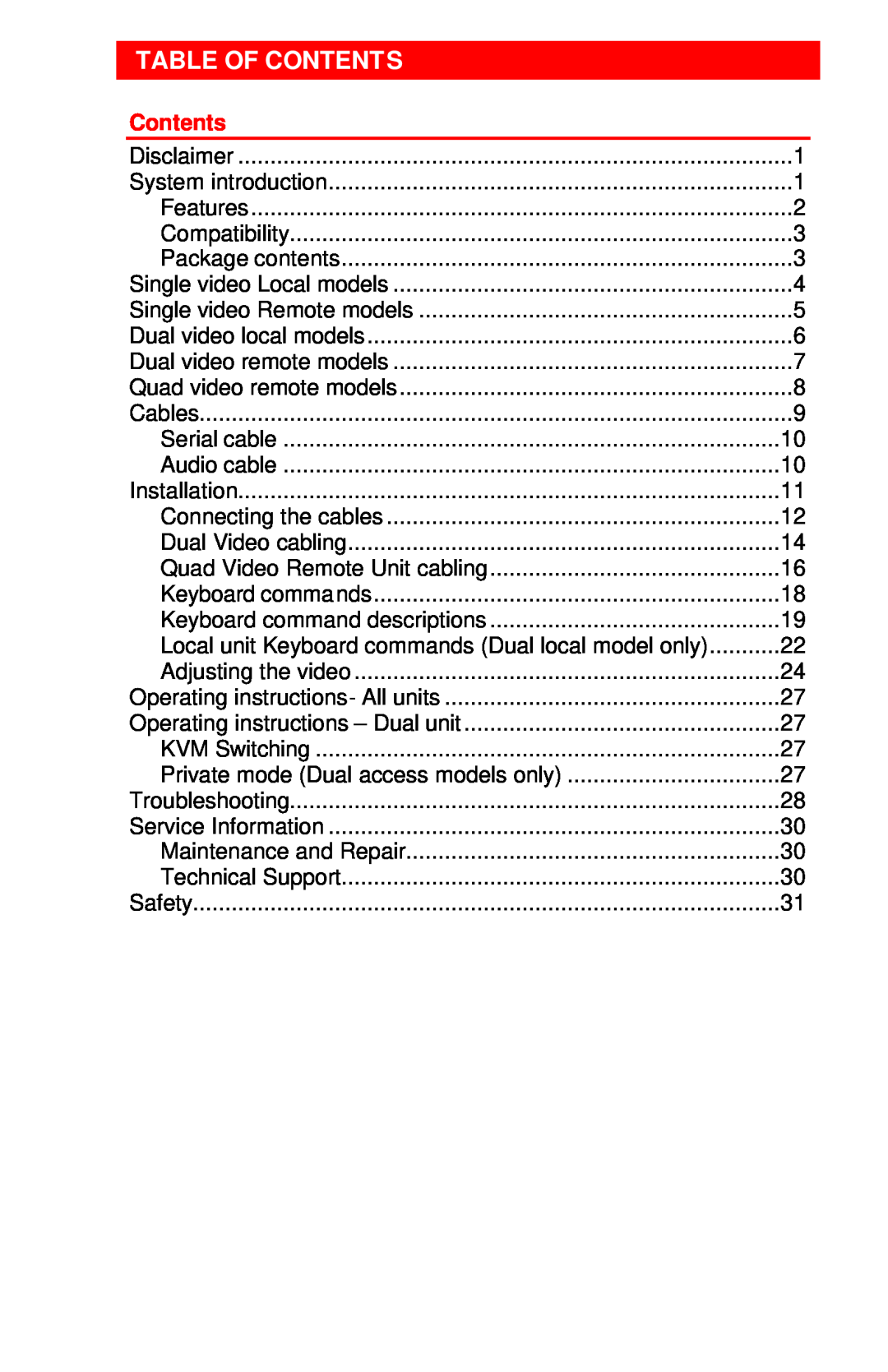 Rose electronic CrystalView Plus manual Table Of Contents 