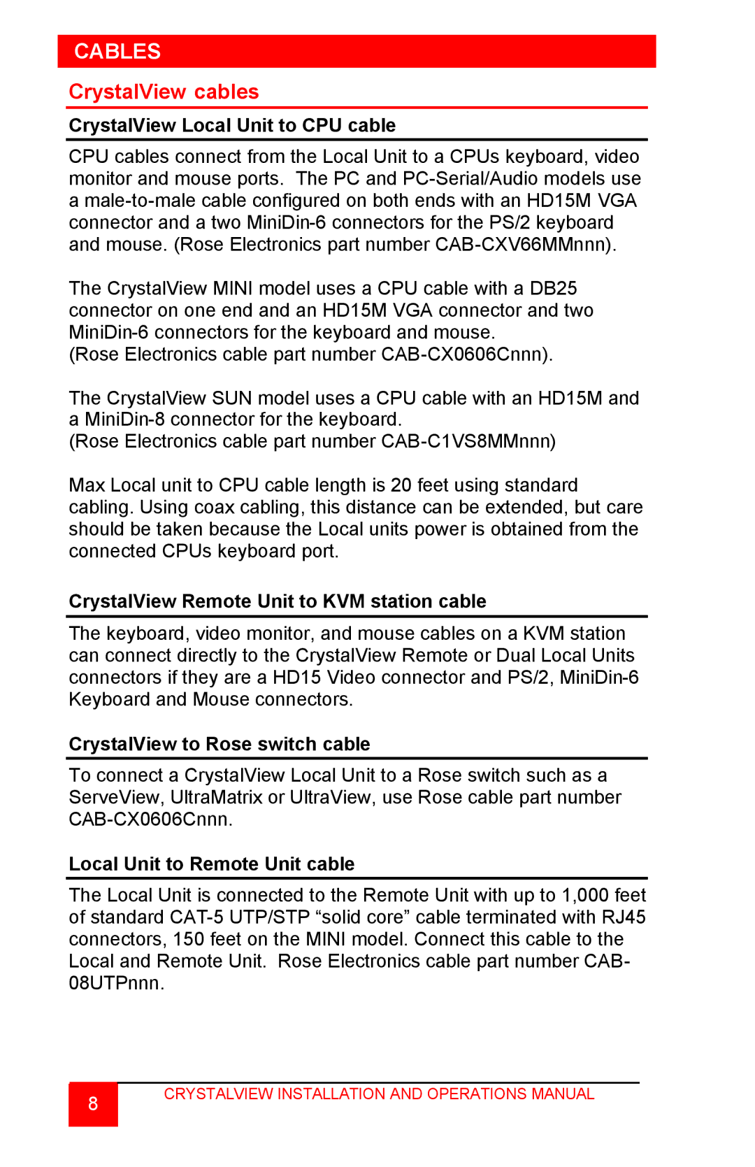 Rose electronic CrystalView TWISTED PAIR KVM EXTENDER manual Cables, CrystalView cables 