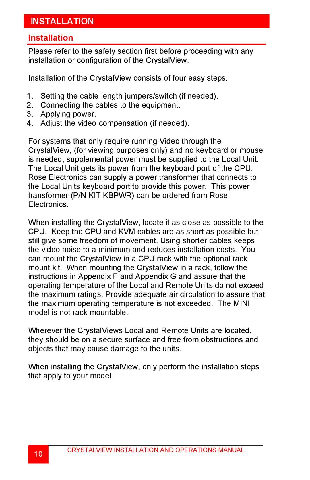 Rose electronic CrystalView TWISTED PAIR KVM EXTENDER manual Installation 
