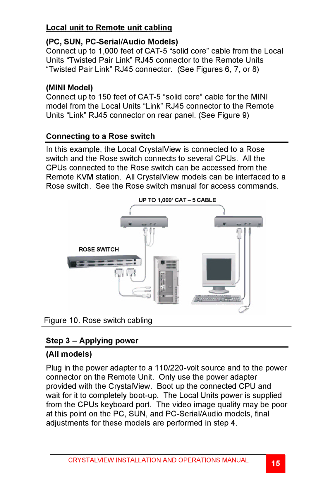 Rose electronic CrystalView TWISTED PAIR KVM EXTENDER Mini Model, Connecting to a Rose switch, Applying power All models 