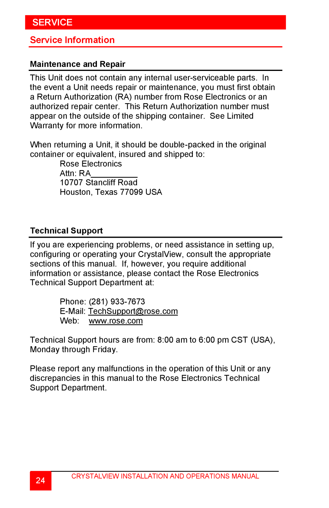 Rose electronic CrystalView TWISTED PAIR KVM EXTENDER Service Information, Maintenance and Repair, Technical Support 