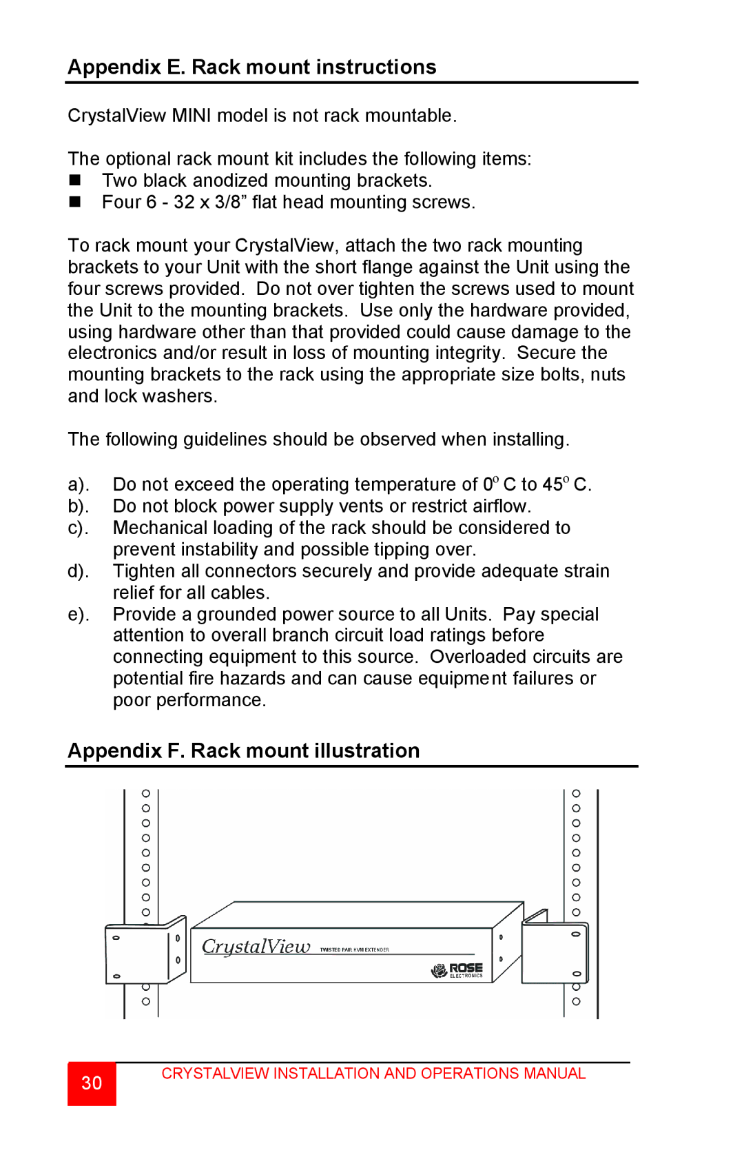 Rose electronic CrystalView TWISTED PAIR KVM EXTENDER manual Appendix E. Rack mount instructions 