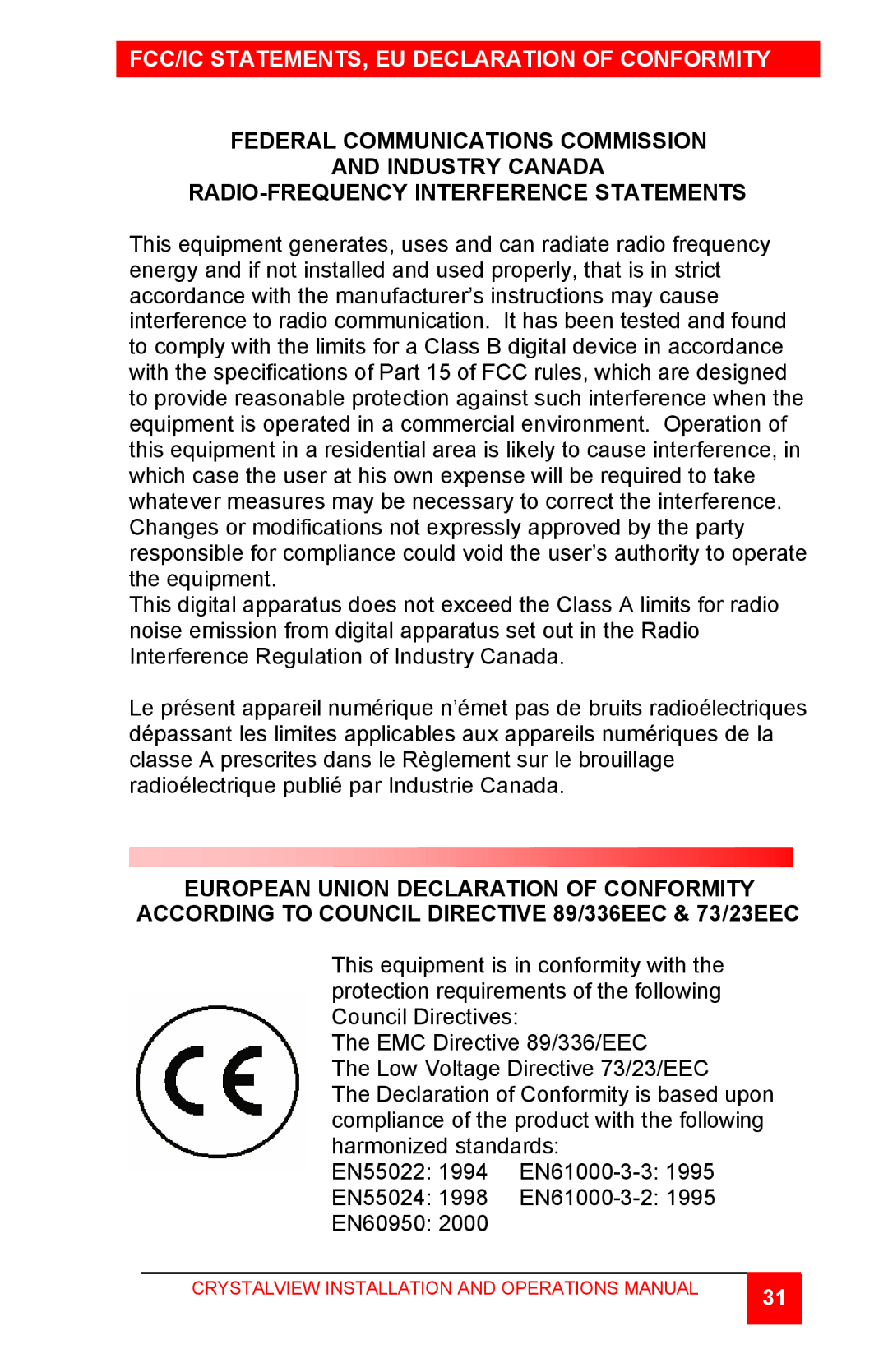 Rose electronic CrystalView TWISTED PAIR KVM EXTENDER manual FCC/IC STATEMENTS, EU Declaration of Conformity 