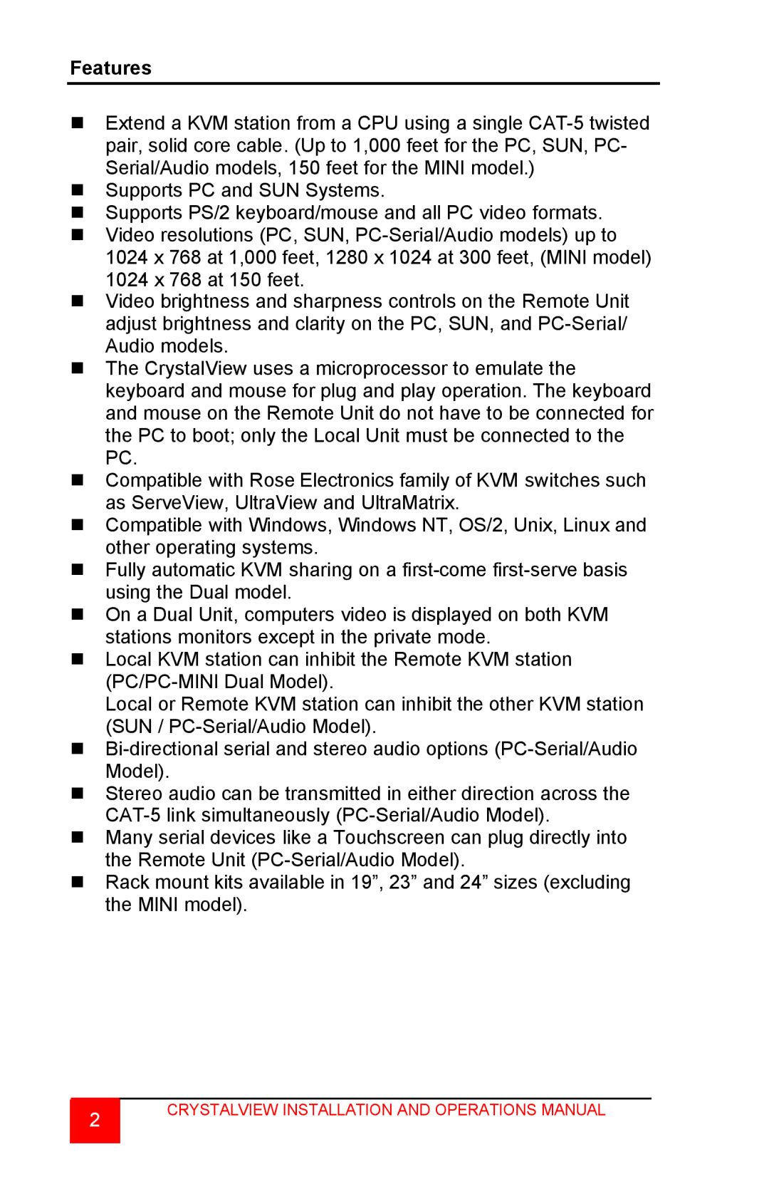 Rose electronic CrystalView TWISTED PAIR KVM EXTENDER manual Features 