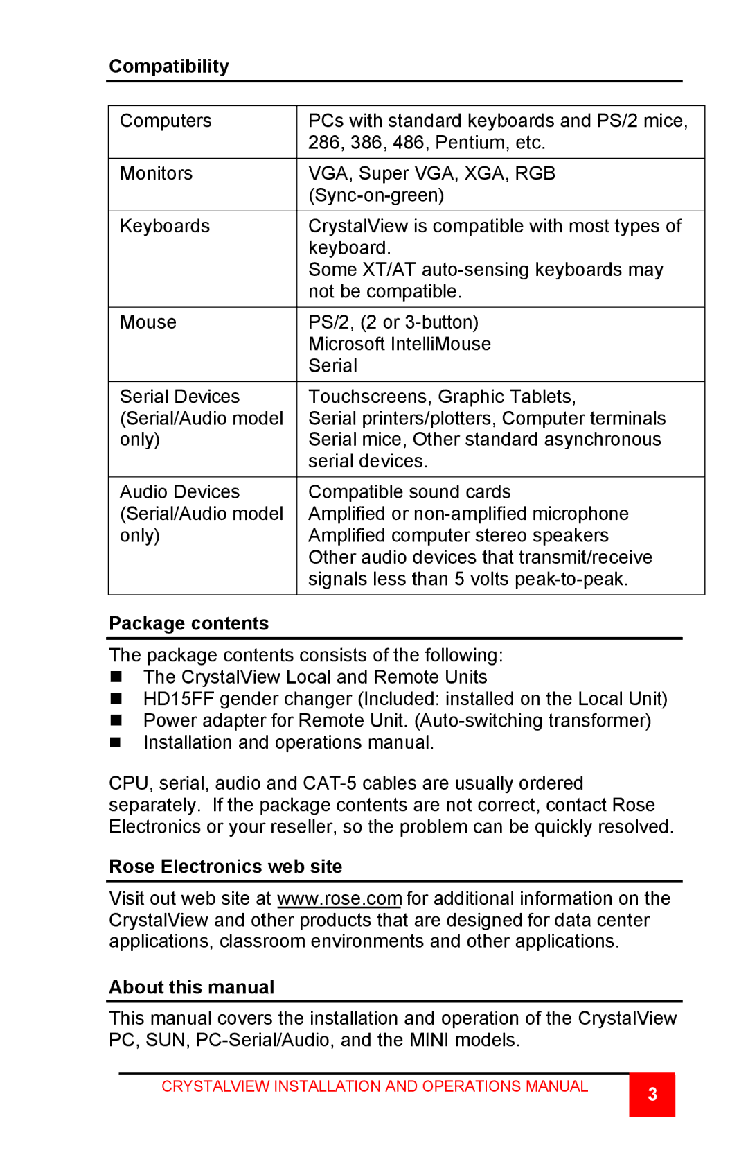 Rose electronic CrystalView TWISTED PAIR KVM EXTENDER manual Compatibility, Package contents 