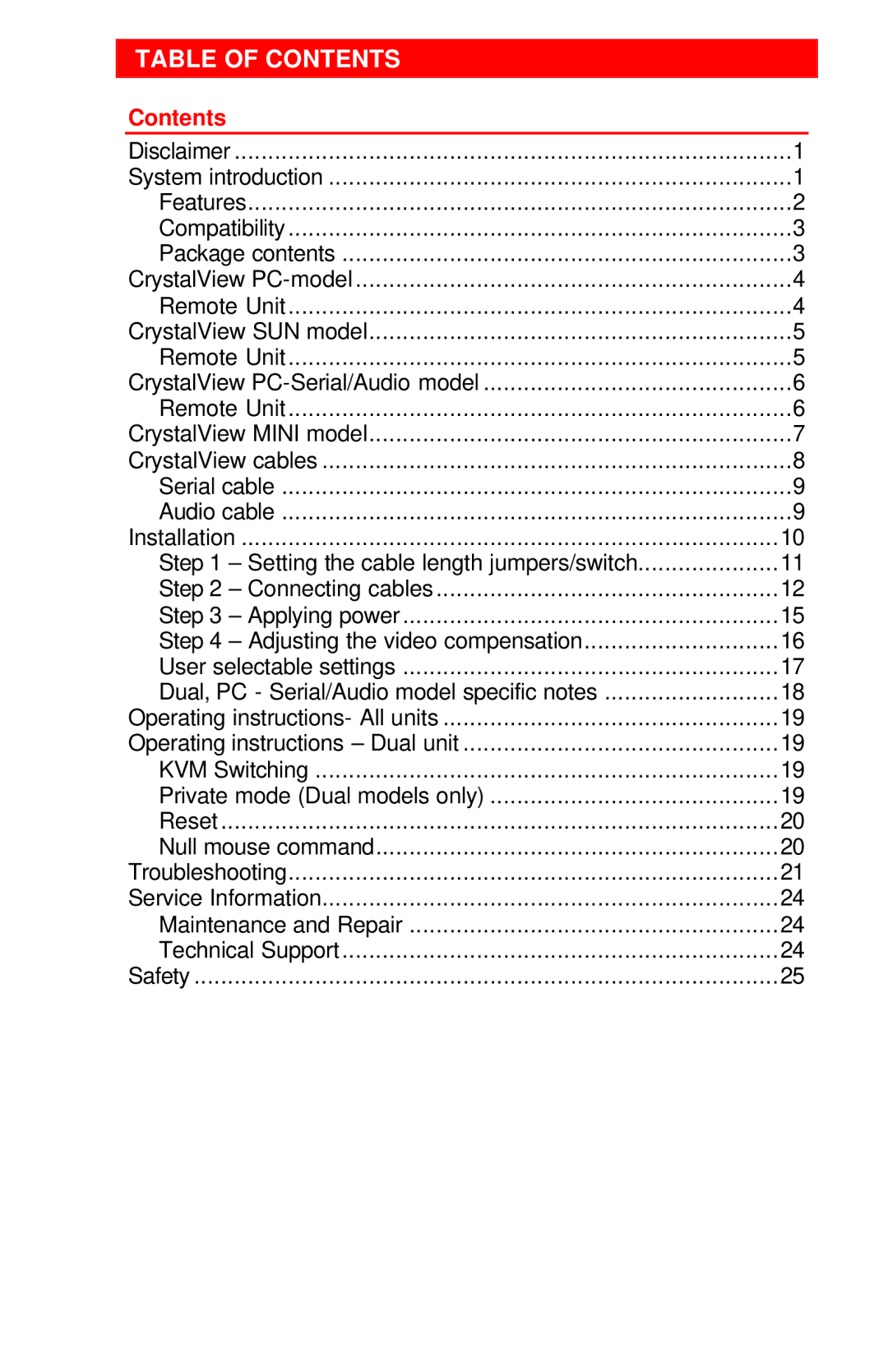 Rose electronic CrystalView manual Table of Contents 