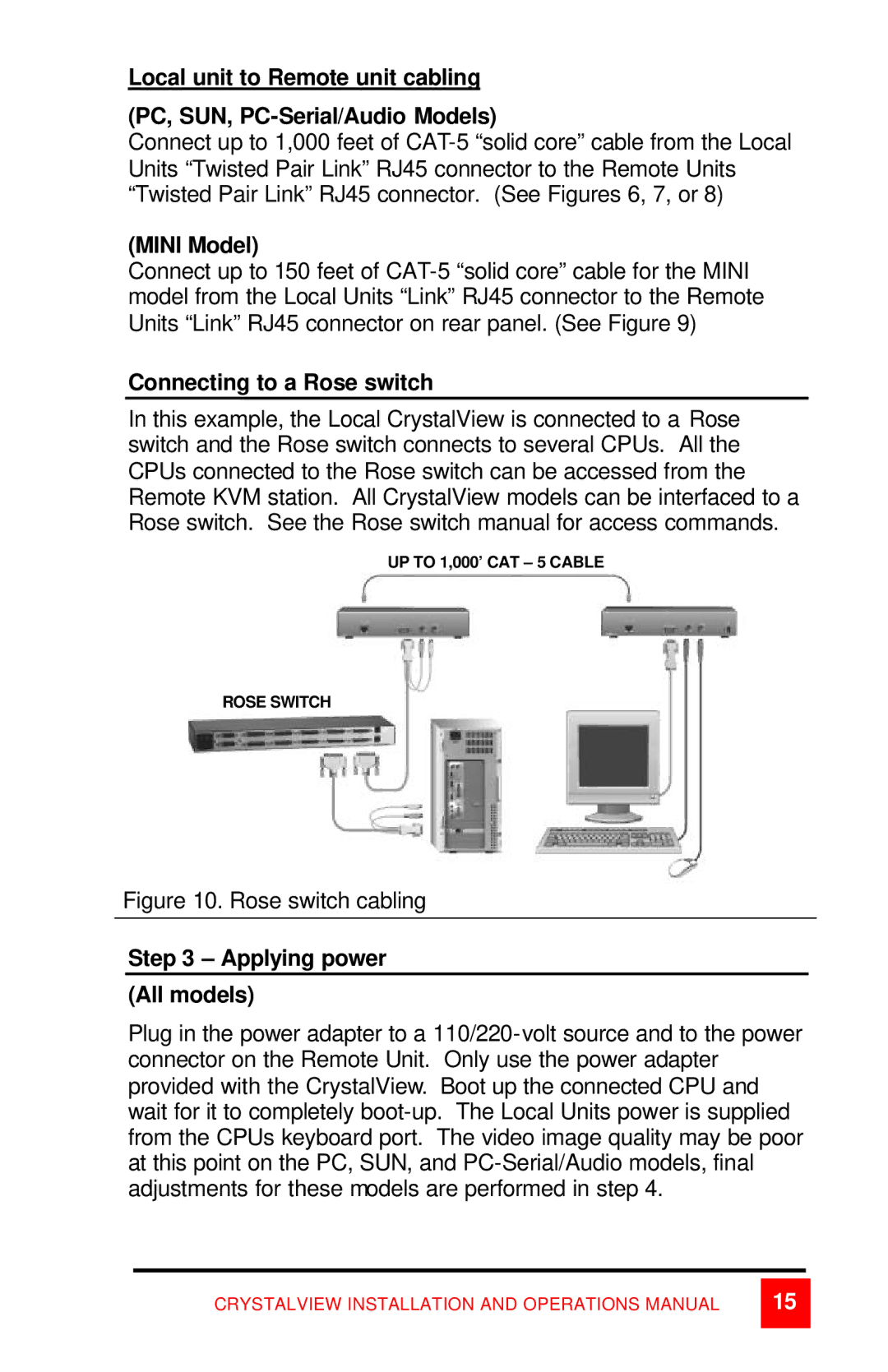 Rose electronic CrystalView manual Mini Model, Connecting to a Rose switch, Applying power All models 