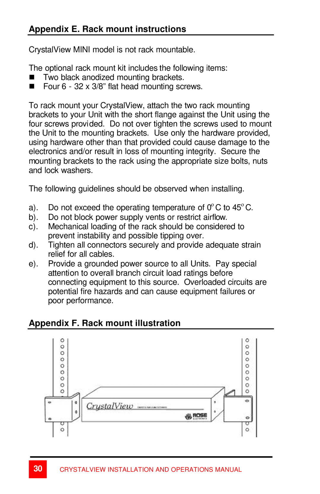 Rose electronic CrystalView manual Appendix E. Rack mount instructions, Appendix F. Rack mount illustration 