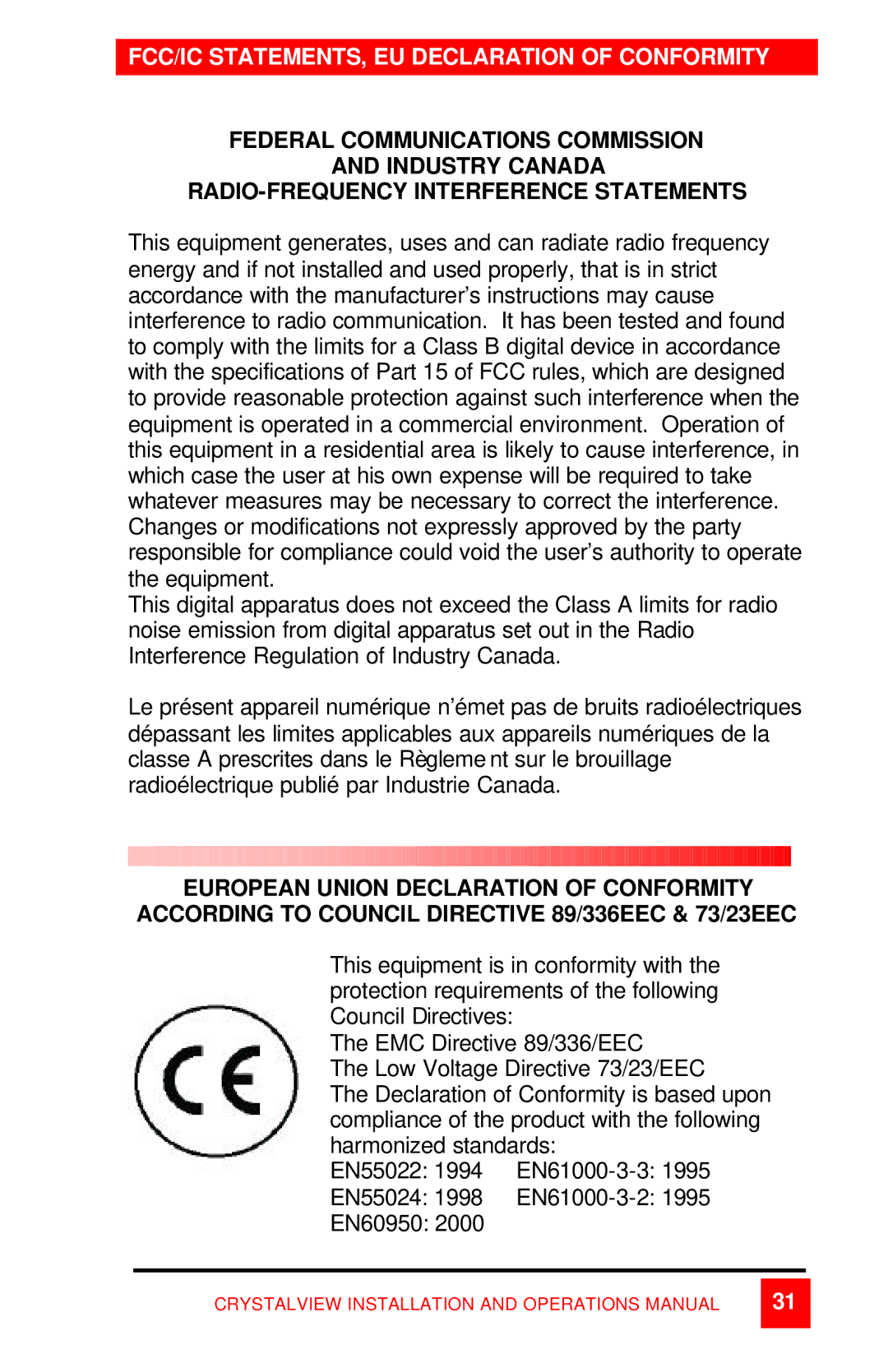 Rose electronic CrystalView manual FCC/IC STATEMENTS, EU Declaration of Conformity 