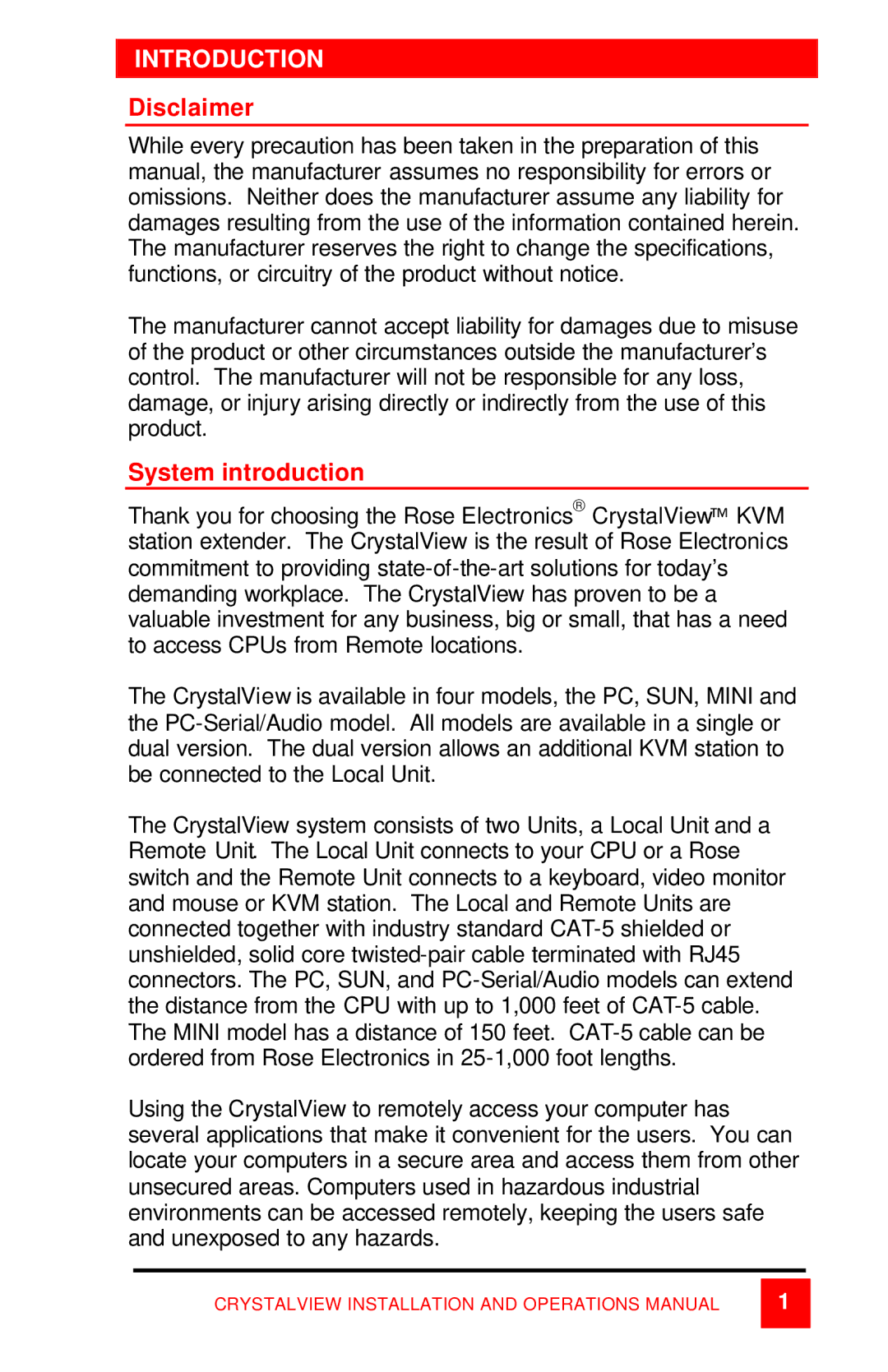 Rose electronic CrystalView manual Introduction, Disclaimer, System introduction 