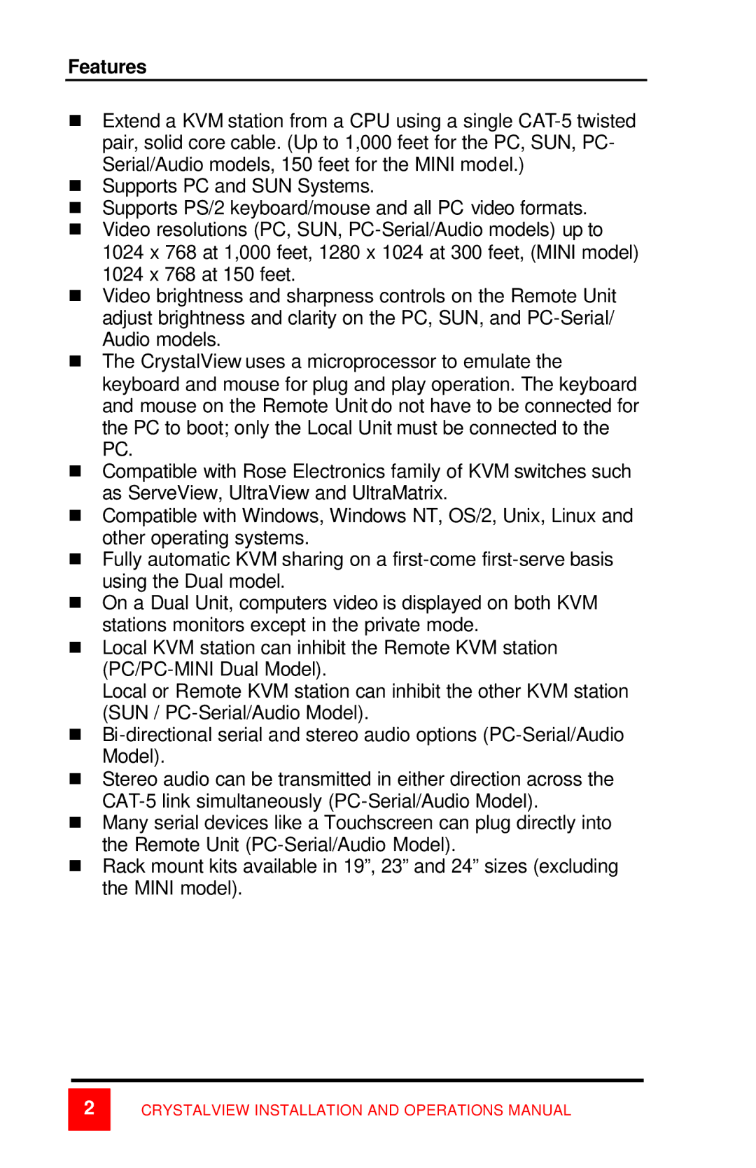 Rose electronic CrystalView manual Features 