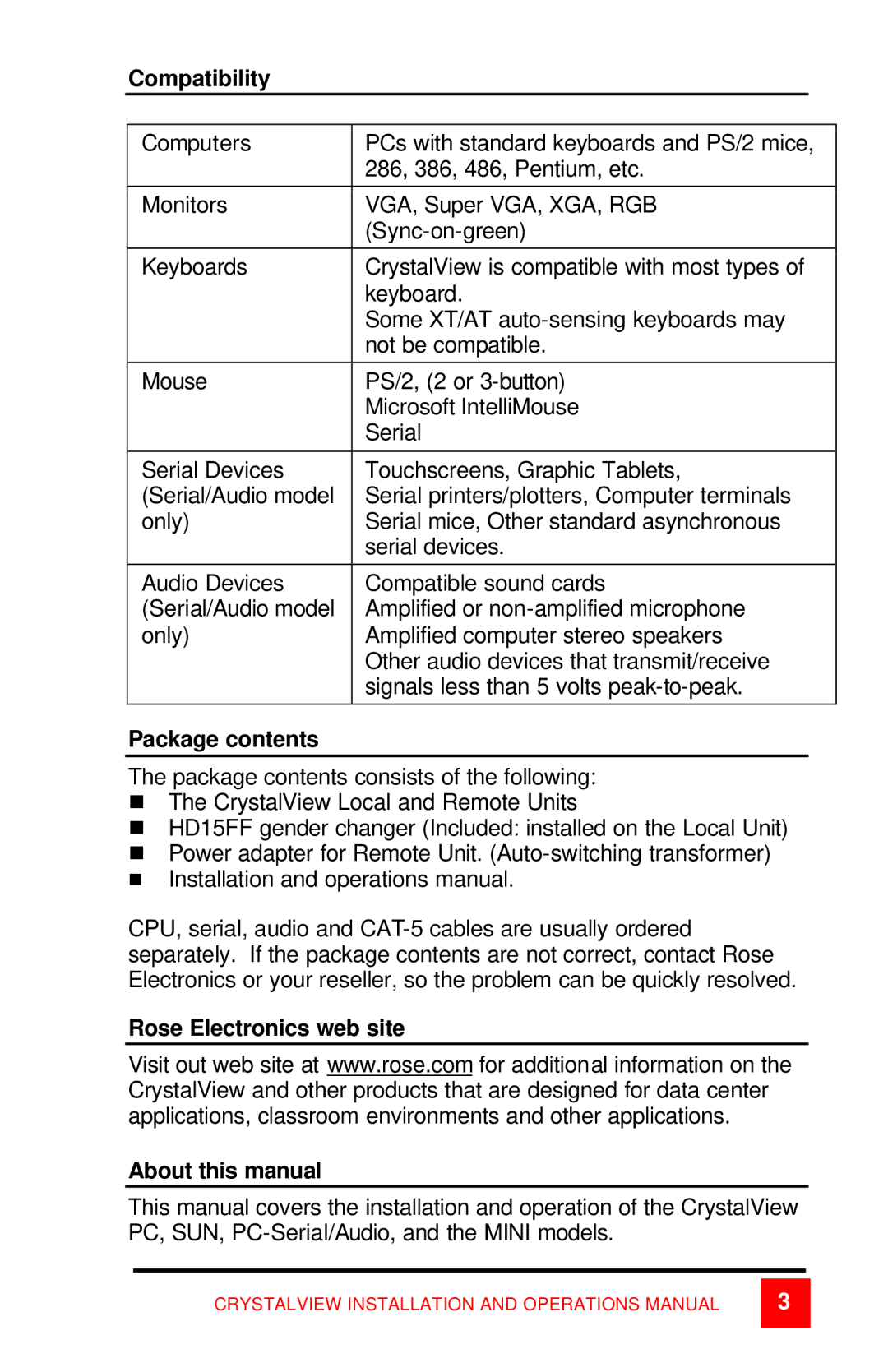 Rose electronic CrystalView Compatibility, Package contents, Rose Electronics web site About this manual 