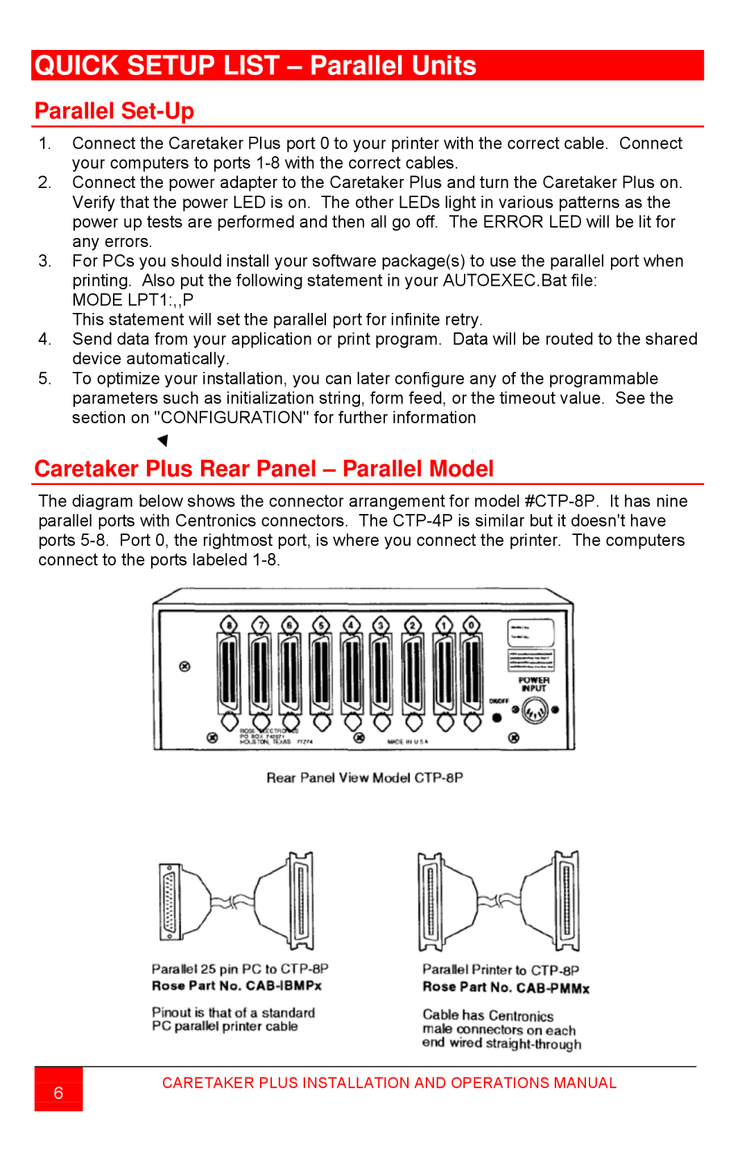 Rose electronic CTP-8S manual Parallel Set-Up, Caretaker Plus Rear Panel Parallel Model, Mode LPT1,,P 