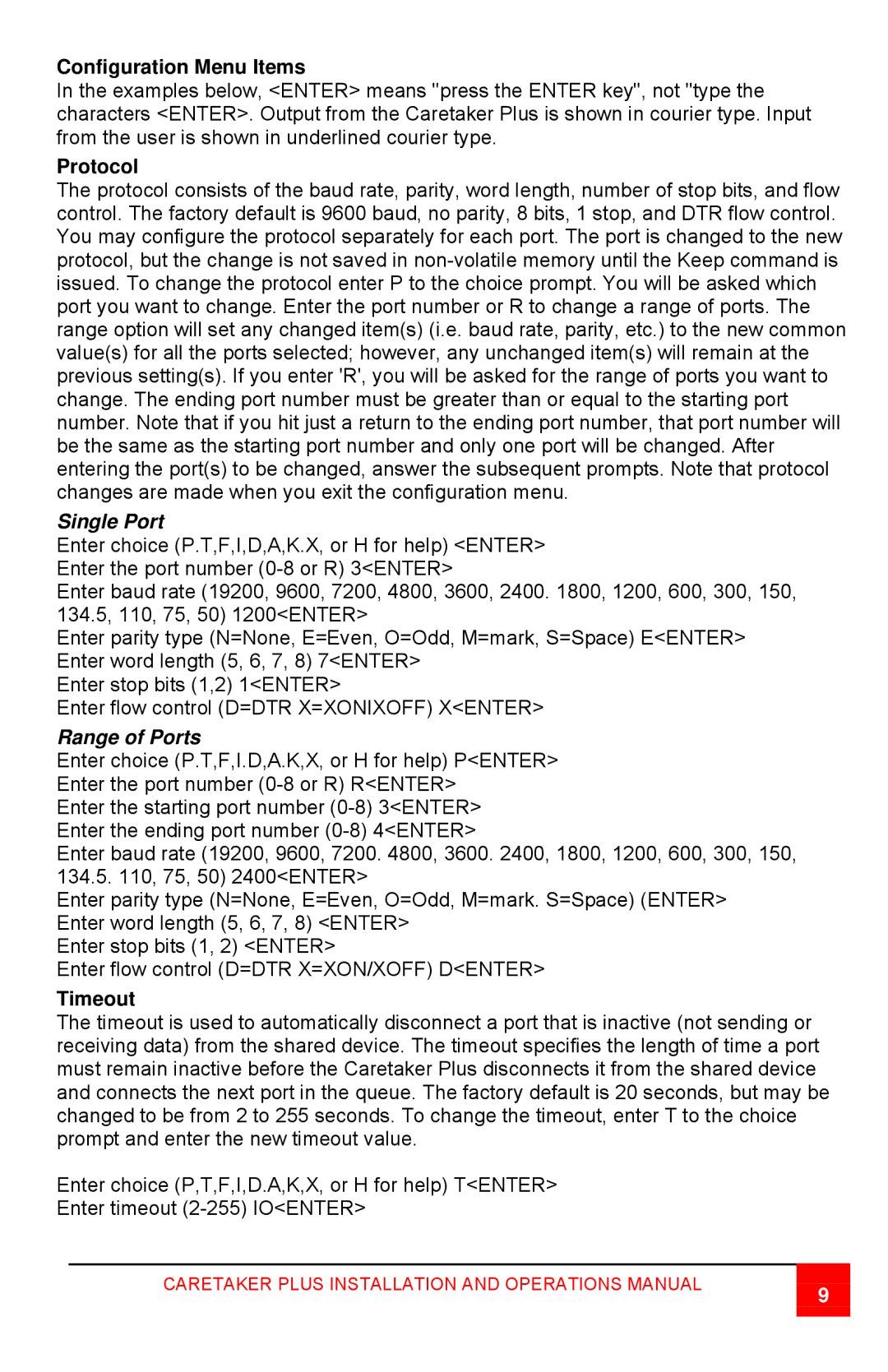 Rose electronic CTP-8S manual Configuration Menu Items, Protocol, Timeout 