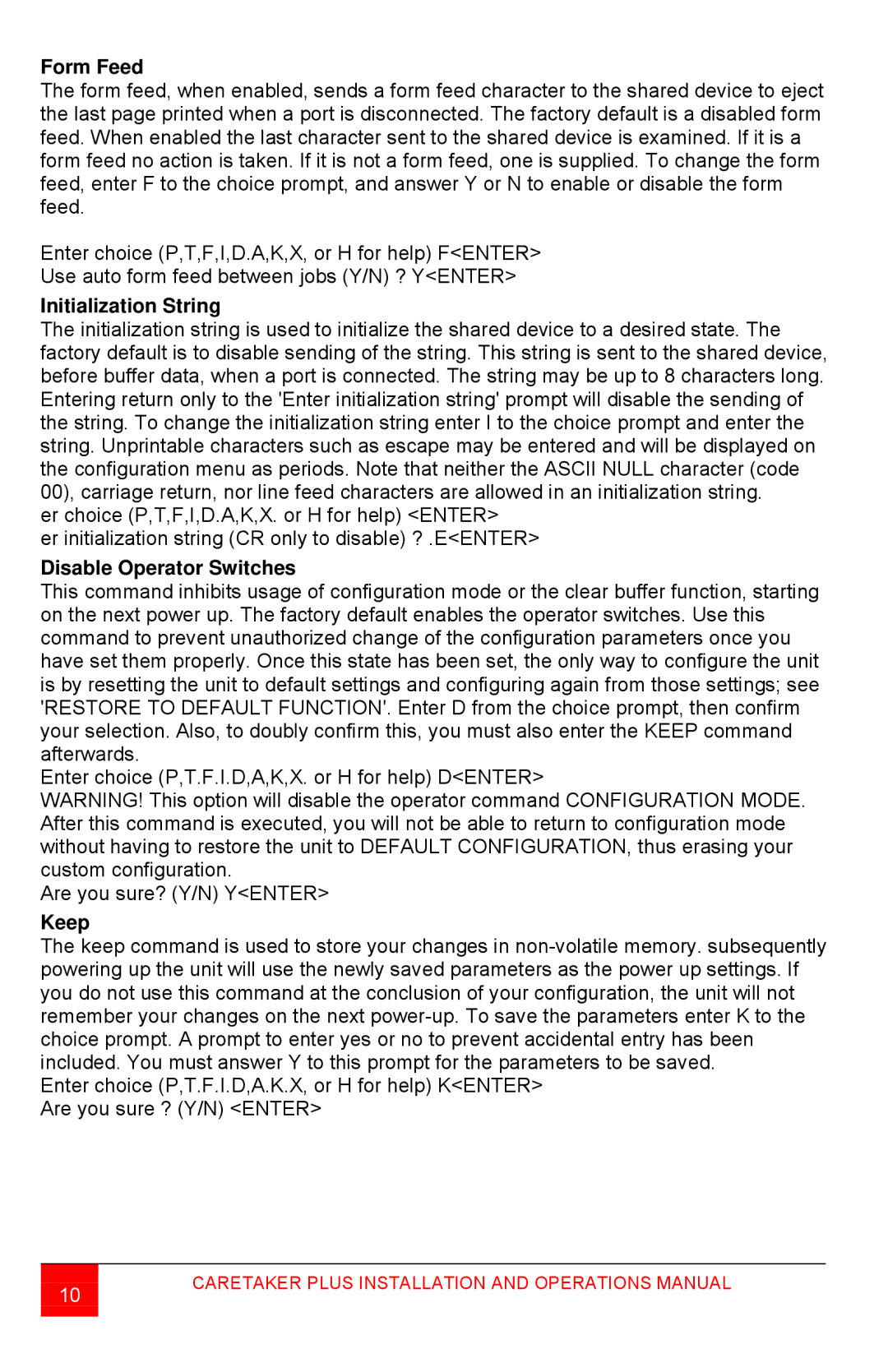 Rose electronic CTP-8S manual Form Feed, Initialization String, Disable Operator Switches, Keep 