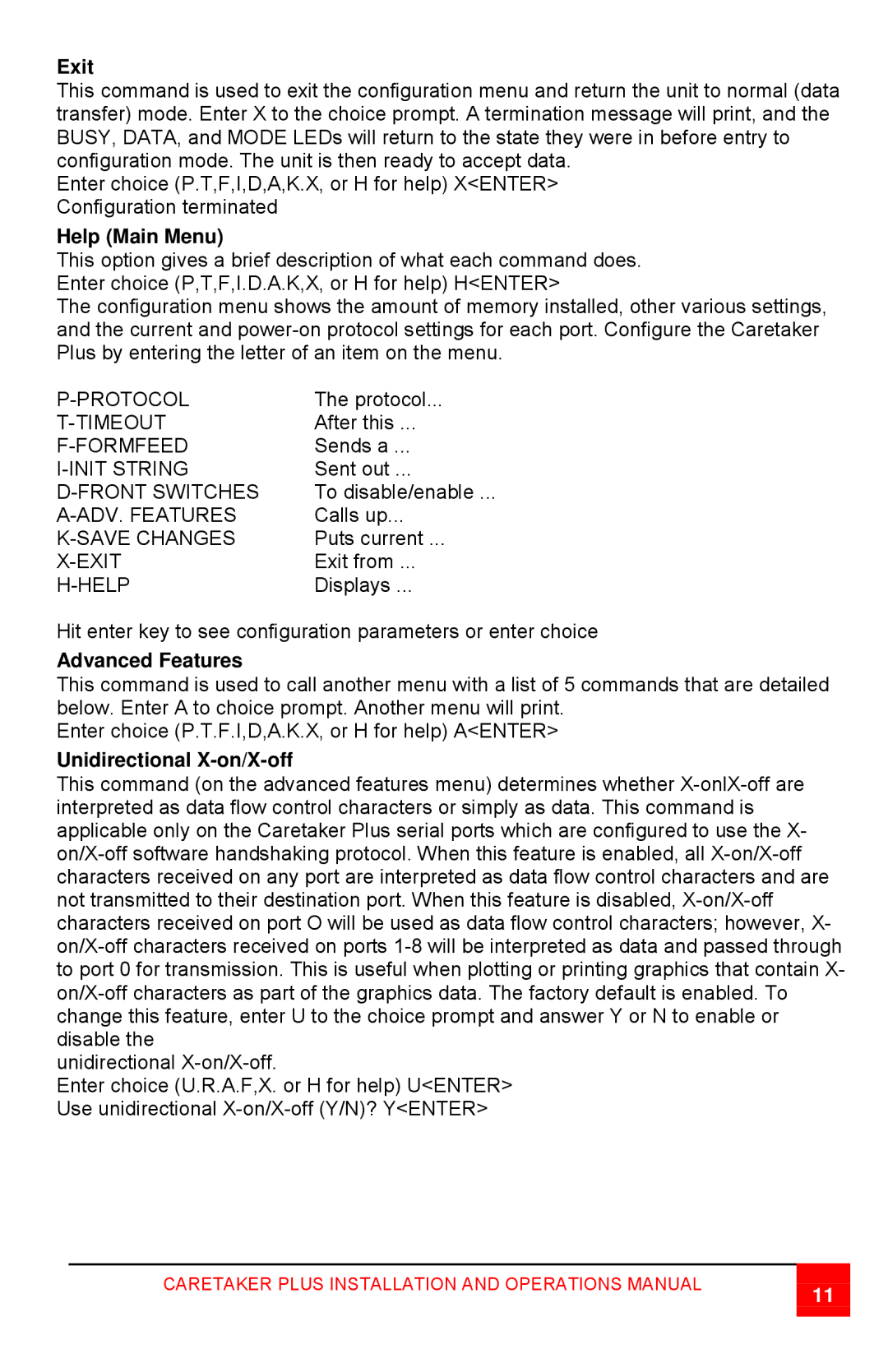 Rose electronic CTP-8S manual Exit, Help Main Menu, Advanced Features, Unidirectional X-on/X-off 