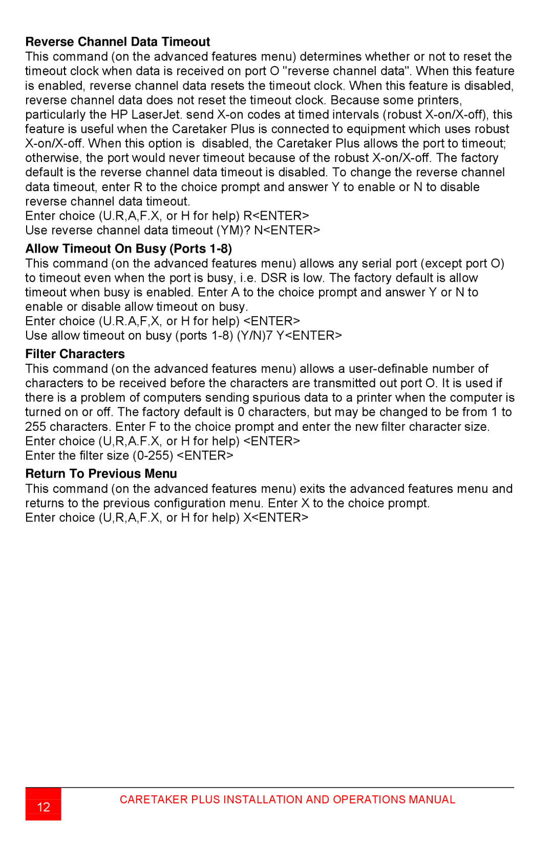 Rose electronic CTP-8S manual Reverse Channel Data Timeout, Allow Timeout On Busy Ports, Filter Characters 