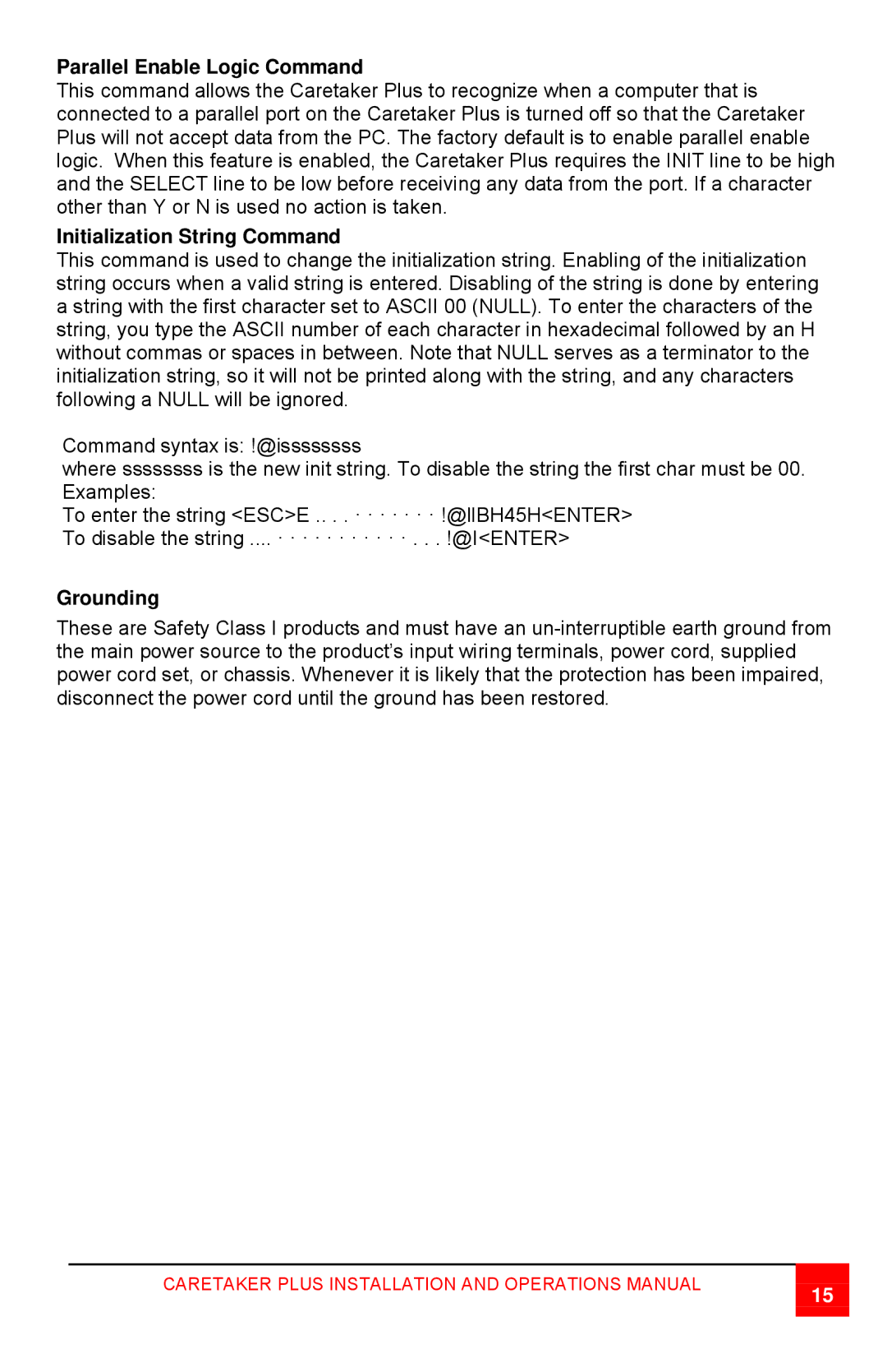 Rose electronic CTP-8S manual Parallel Enable Logic Command, Initialization String Command, Grounding 