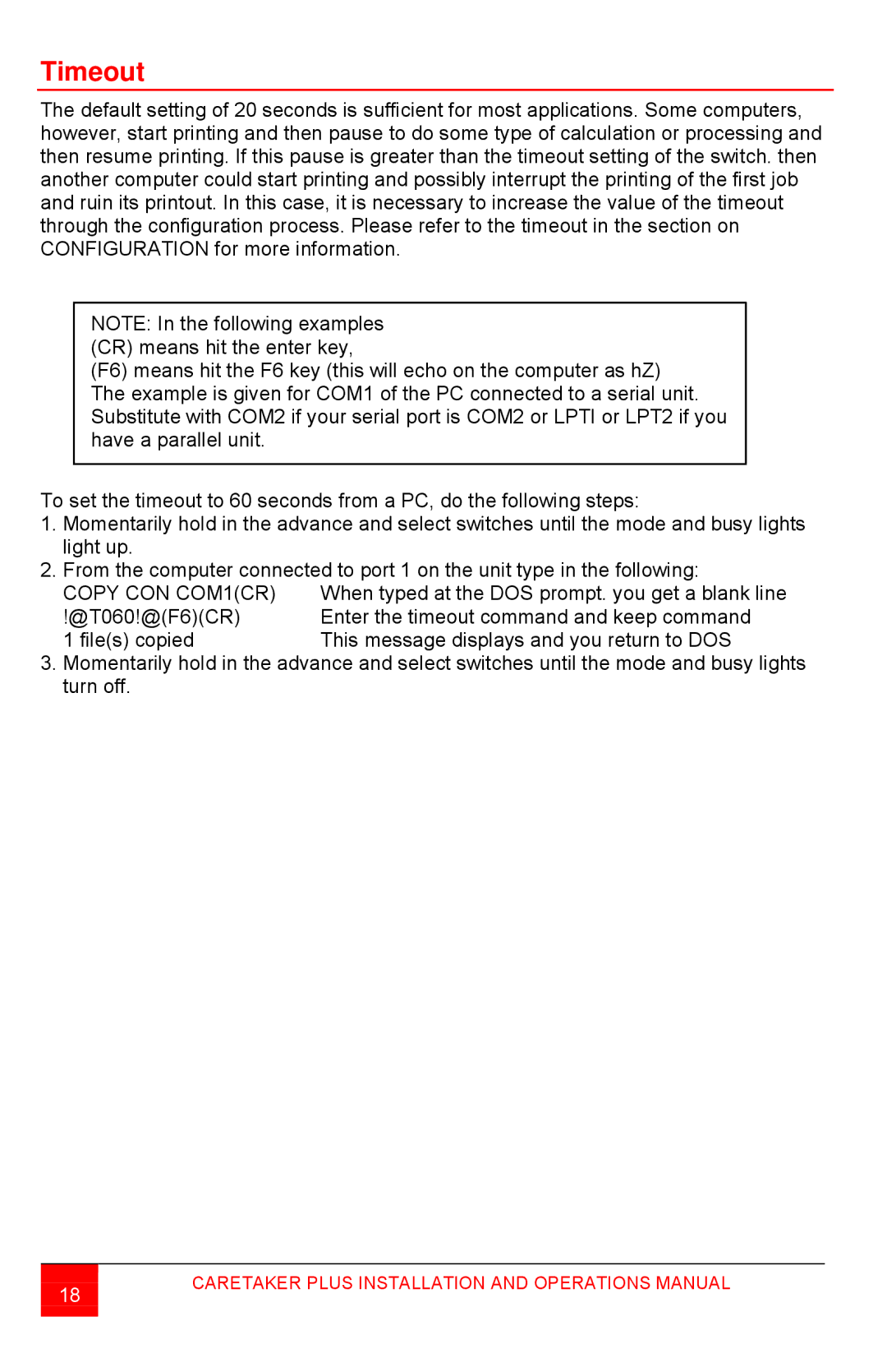 Rose electronic CTP-8S manual Timeout, Copy CON COM1CR 