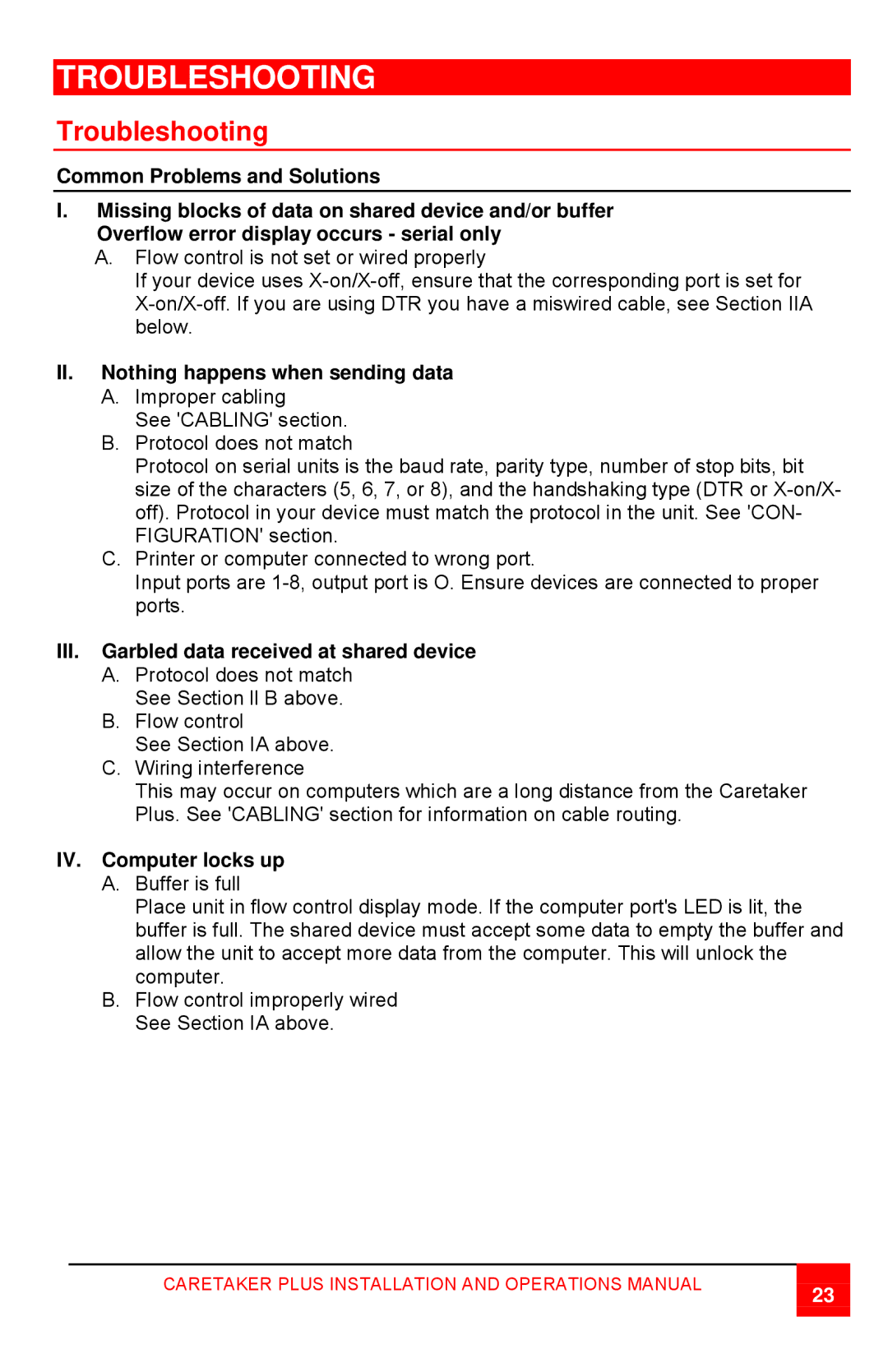 Rose electronic CTP-8S Troubleshooting, II. Nothing happens when sending data, III. Garbled data received at shared device 