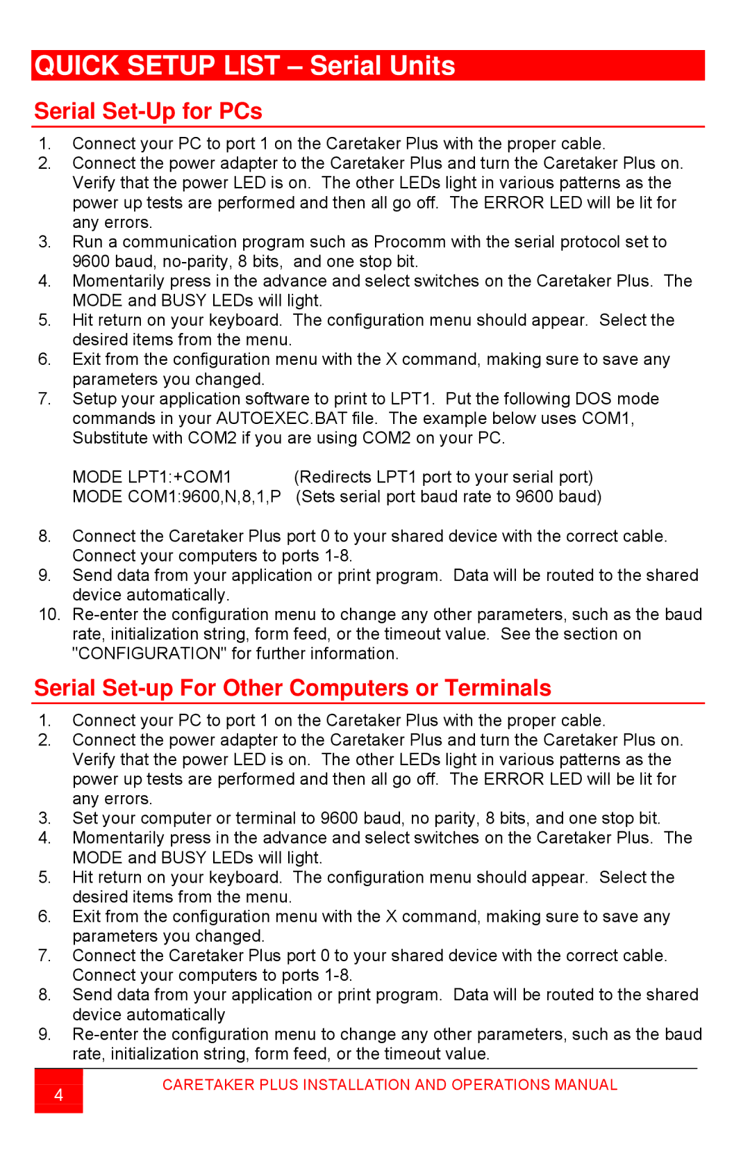 Rose electronic CTP-8S manual Serial Set-Up for PCs, Serial Set-up For Other Computers or Terminals, Mode LPT1+COM1 