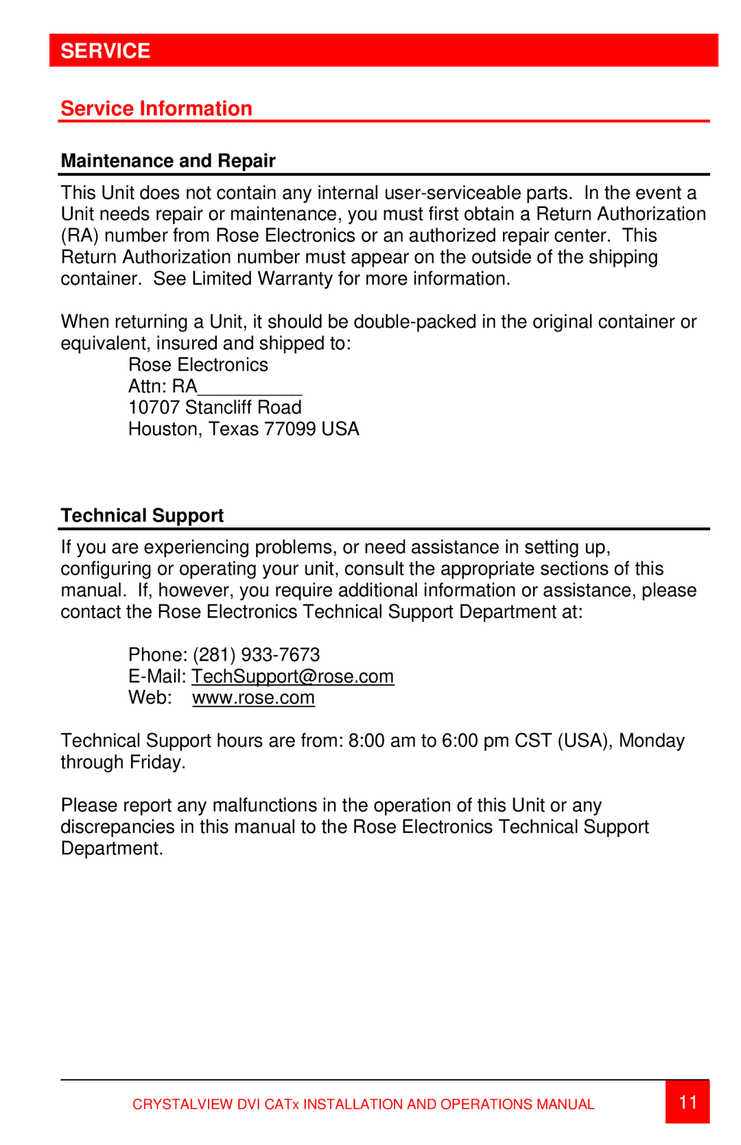 Rose electronic CRV-DLDTXUD2D, DVI CATx, CRV-SRDTXUD2D Service Information, Maintenance and Repair, Technical Support 