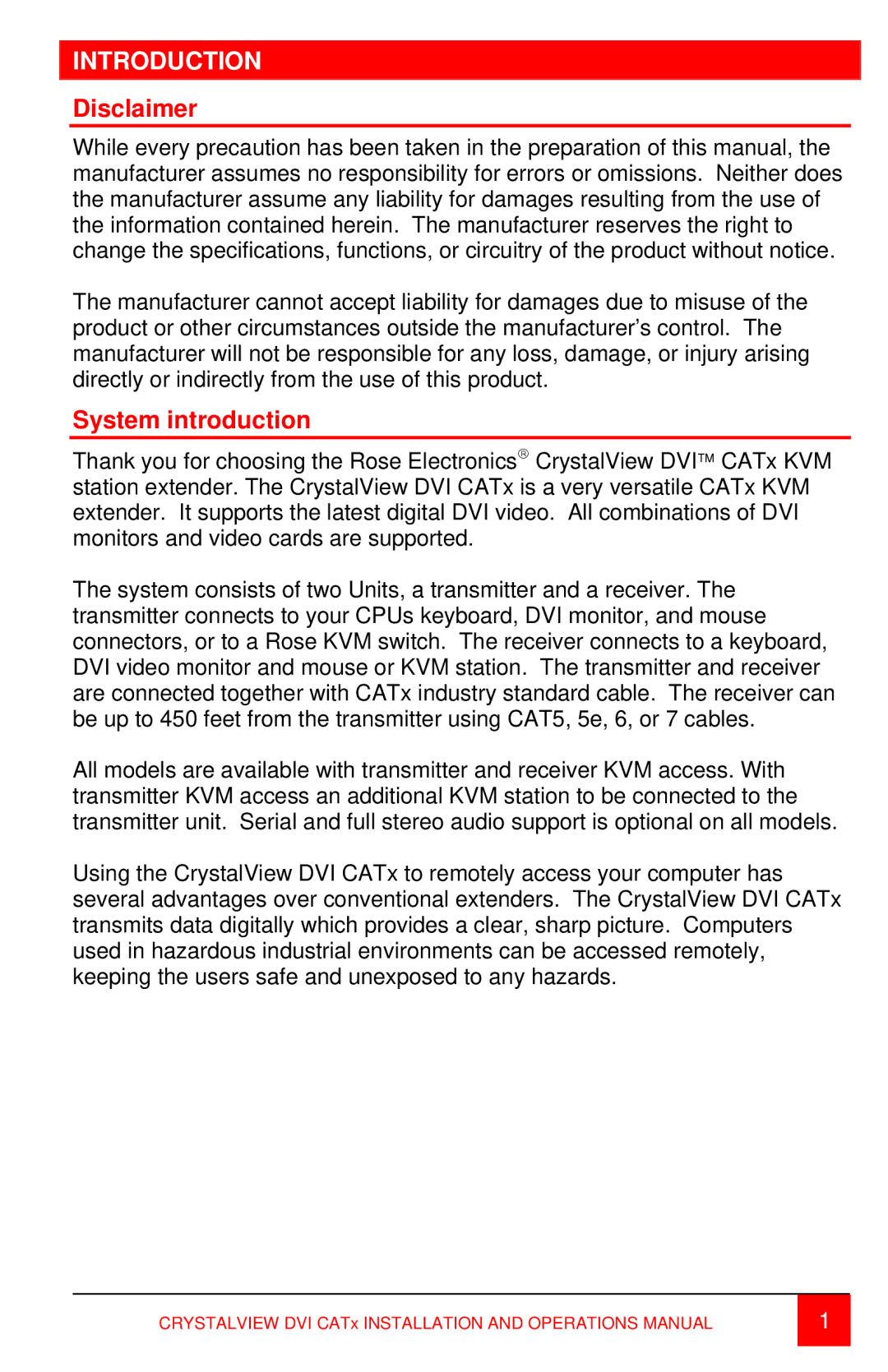 Rose electronic CRV-SRDTXPD2D, DVI CATx, CRV-SRDTXUD2D, CRV-SRDTXPD1D, DVICatx Introduction, Disclaimer, System introduction 