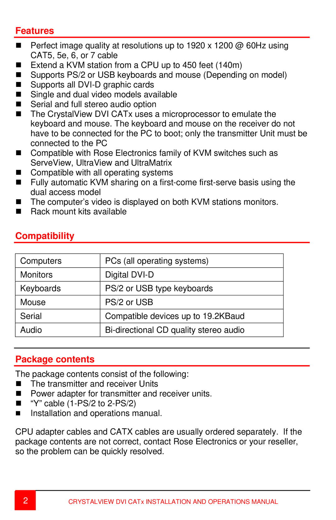 Rose electronic CRV-DLDTXPD1D, DVI CATx, CRV-SRDTXUD2D, CRV-SRDTXPD1D, DVICatx manual Features, Compatibility, Package contents 