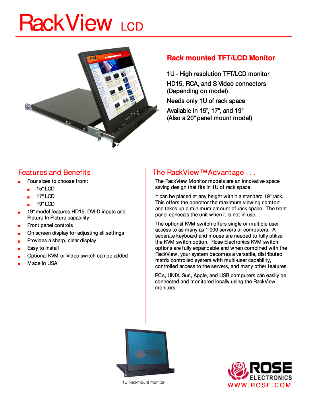 Rose electronic DVI-D manual Features and Benefits, Rack mounted TFT/LCD Monitor, The RackView Advantage, RackView LCD 