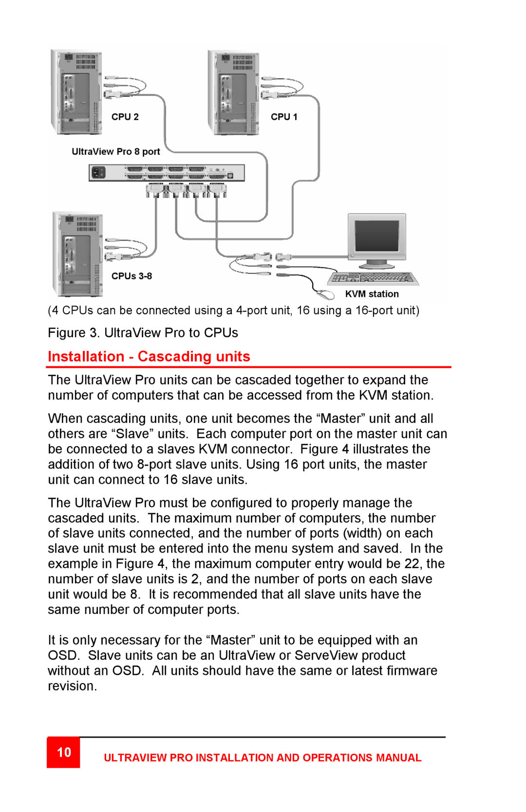 Rose electronic KVM SWITCH WITH ON-SCREEN DISPLAY manual Installation Cascading units, UltraView Pro to CPUs 