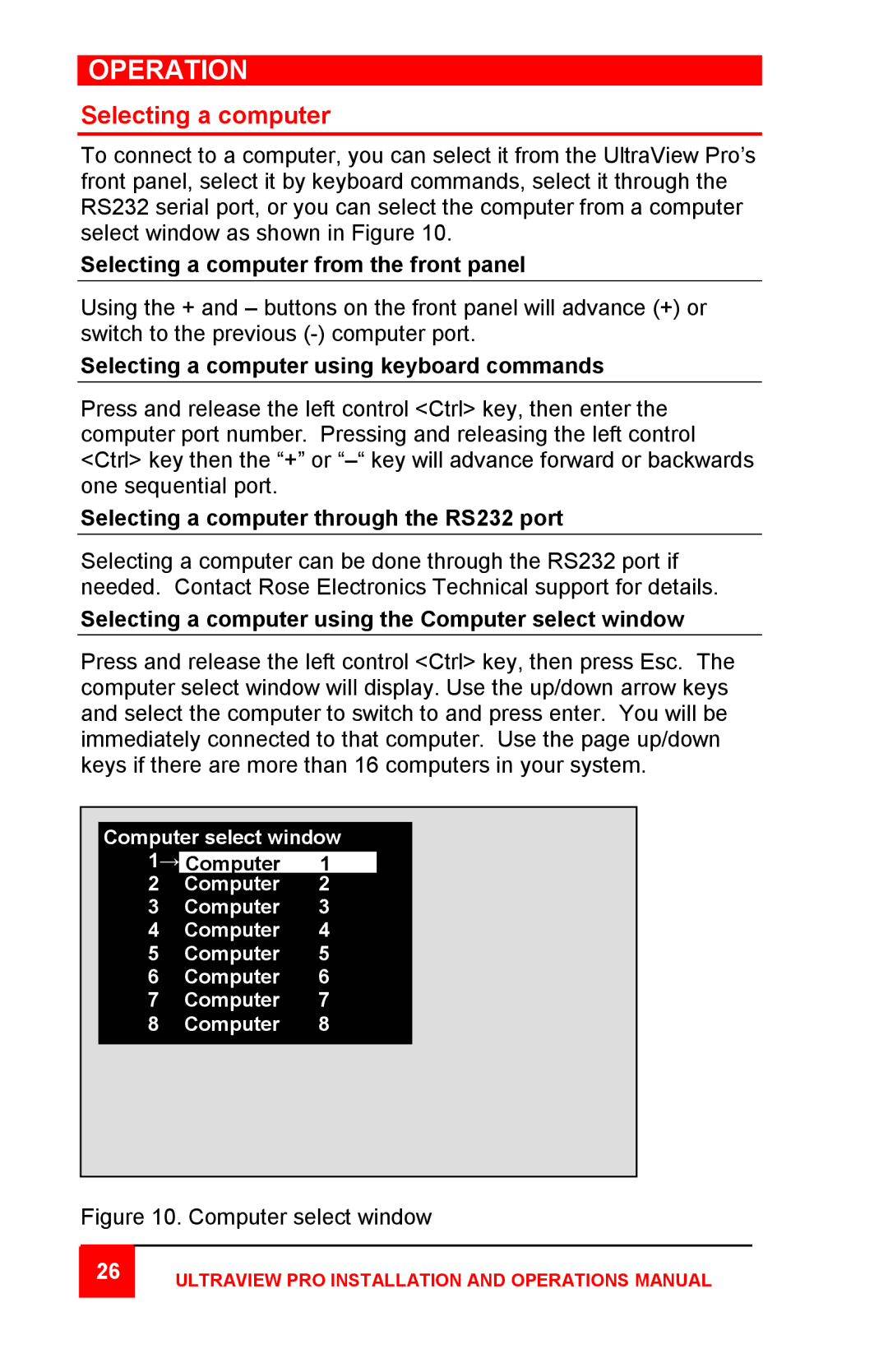 Rose electronic KVM SWITCH WITH ON-SCREEN DISPLAY manual Operation, Selecting a computer 