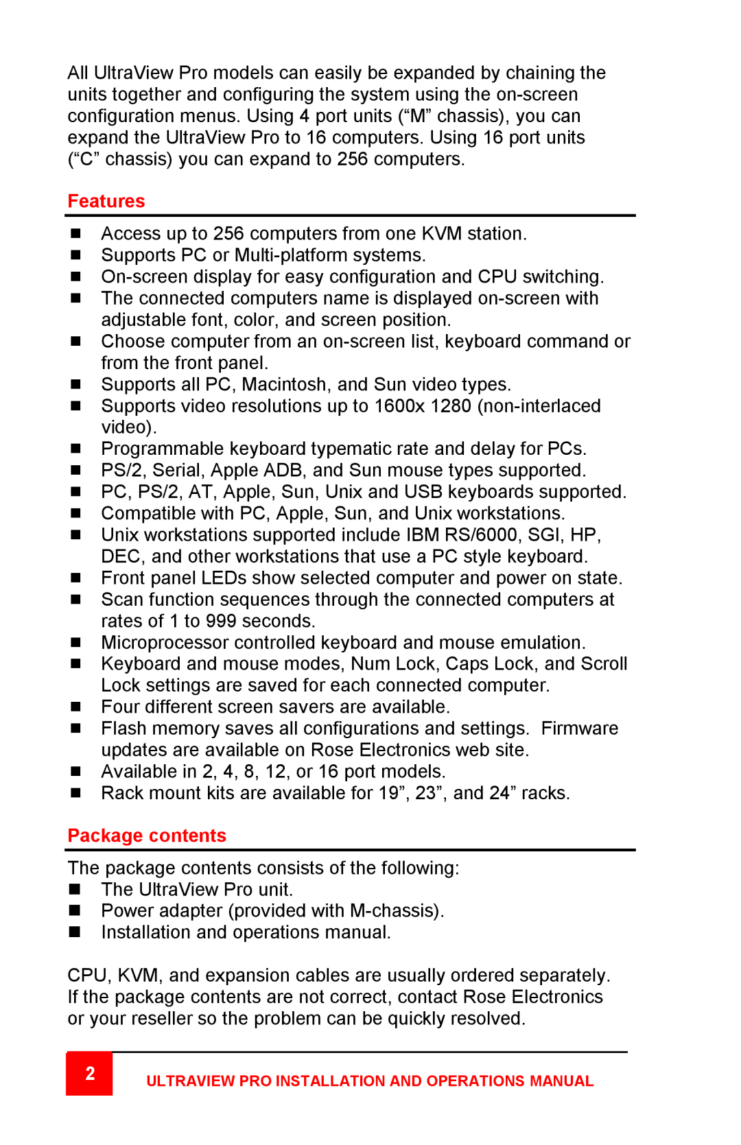 Rose electronic KVM SWITCH WITH ON-SCREEN DISPLAY manual Features, Package contents 