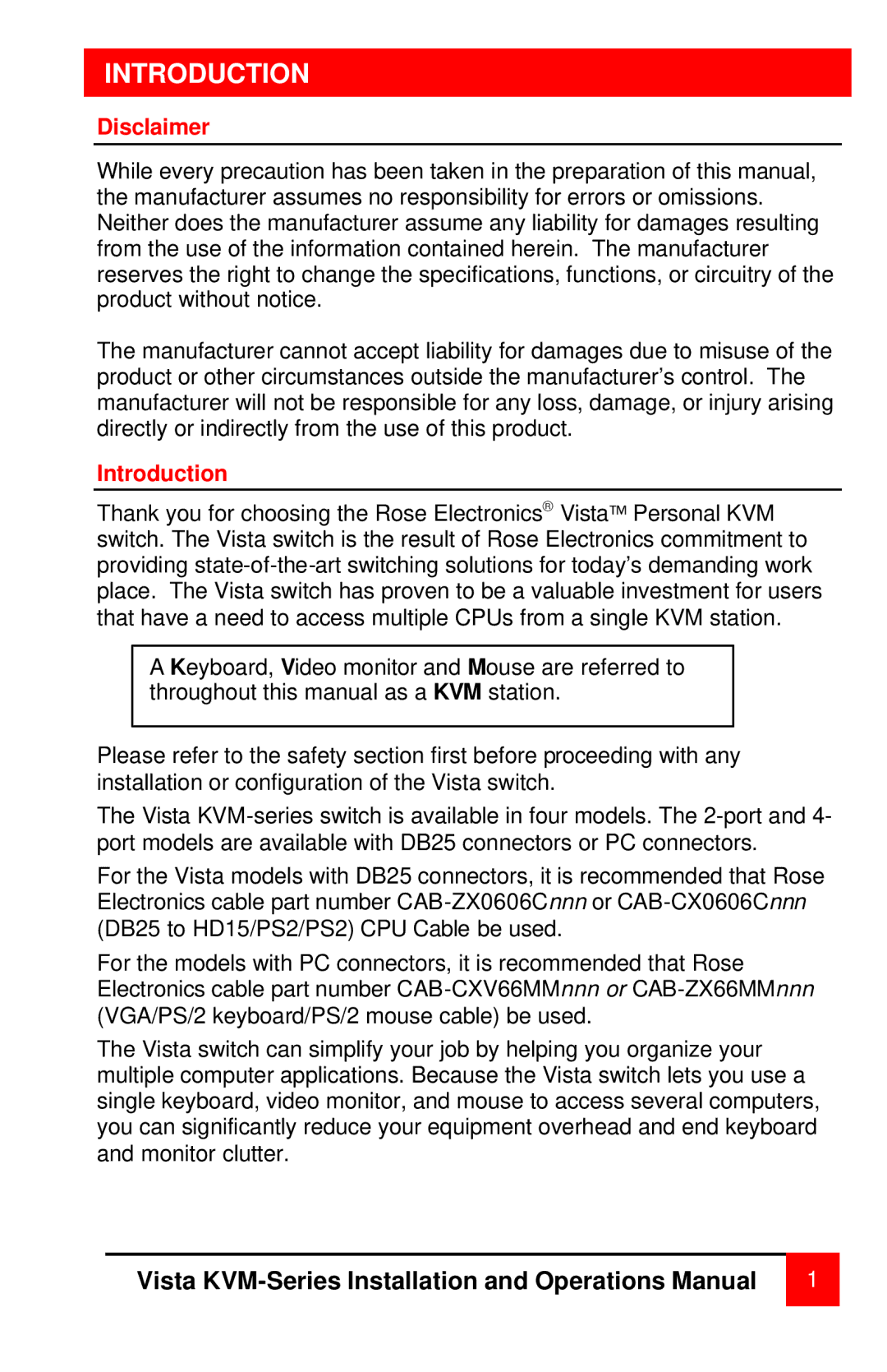 Rose electronic MAN-V8 manual Introduction, Disclaimer 