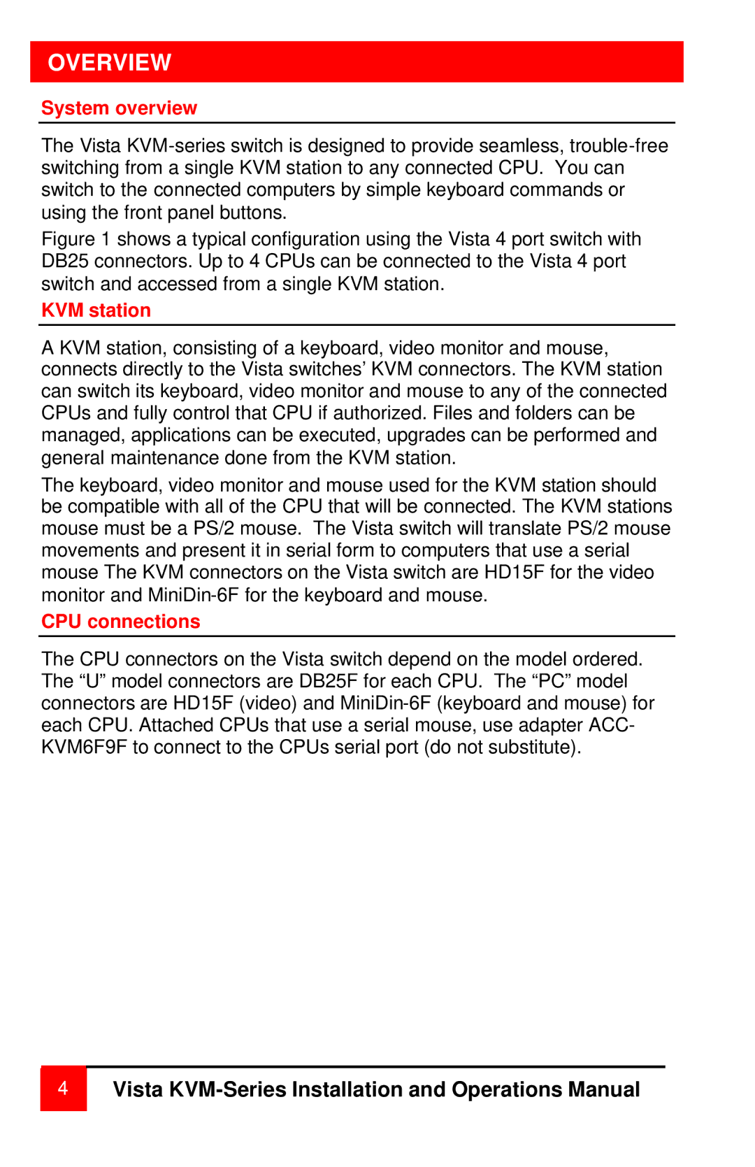 Rose electronic MAN-V8 manual Overview, System overview, KVM station, CPU connections 