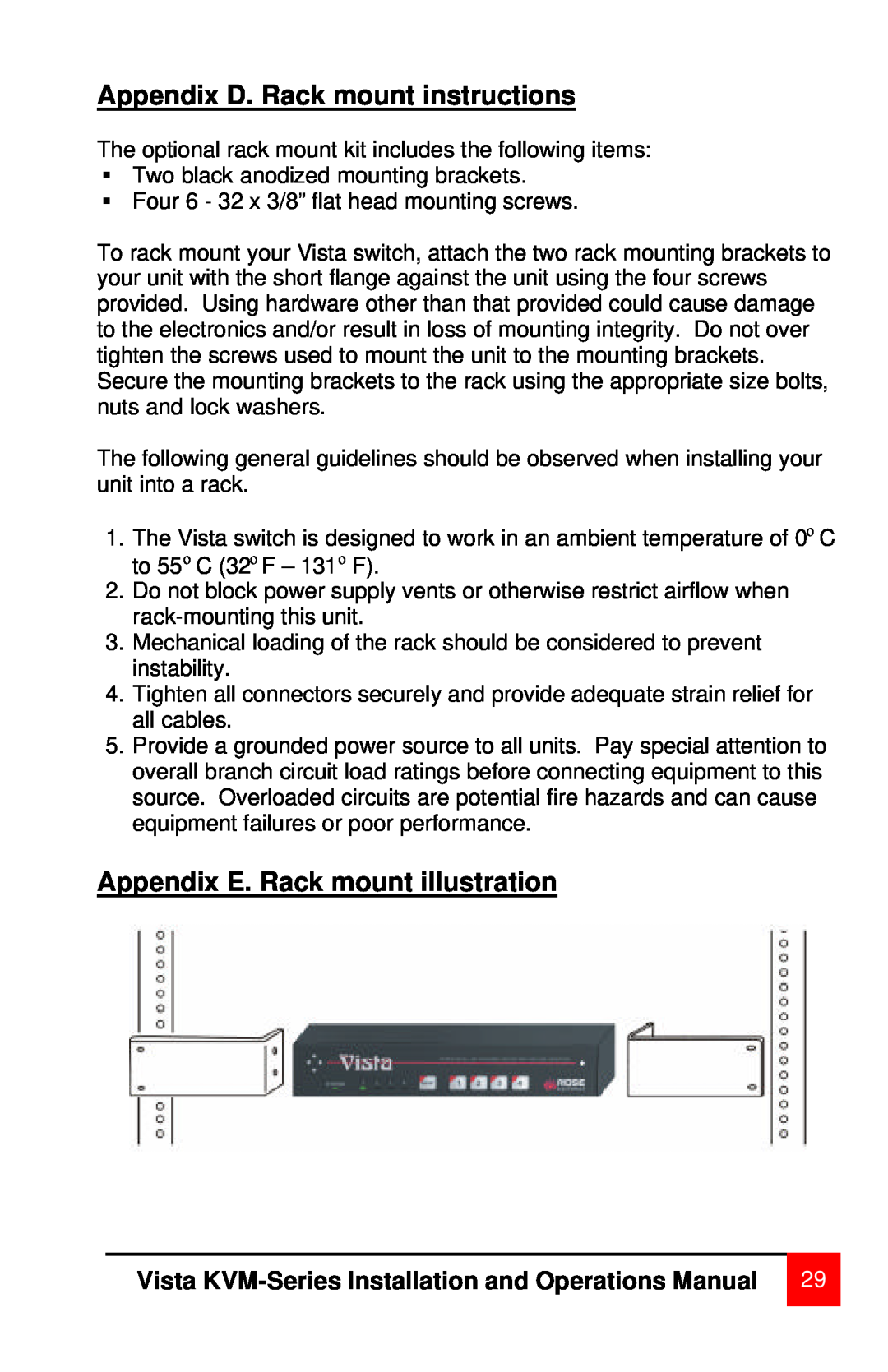 Rose electronic MAN-V8 manual Appendix D. Rack mount instructions, Appendix E. Rack mount illustration 