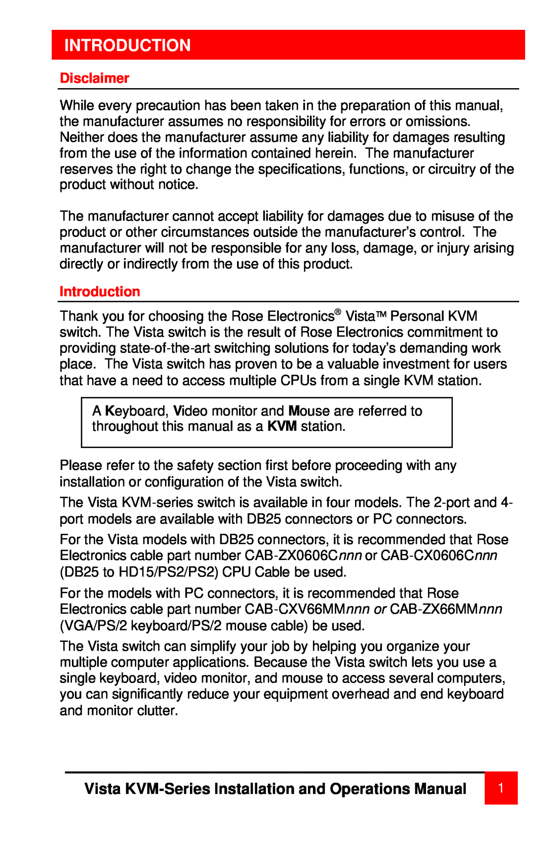 Rose electronic MAN-V8 manual Introduction, Vista KVM-Series Installation and Operations Manual, Disclaimer 