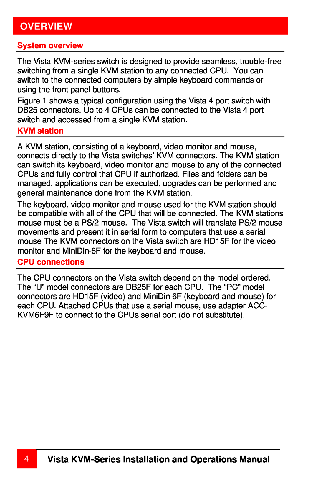 Rose electronic MAN-V8 manual Overview, Vista KVM-Series Installation and Operations Manual, System overview, KVM station 