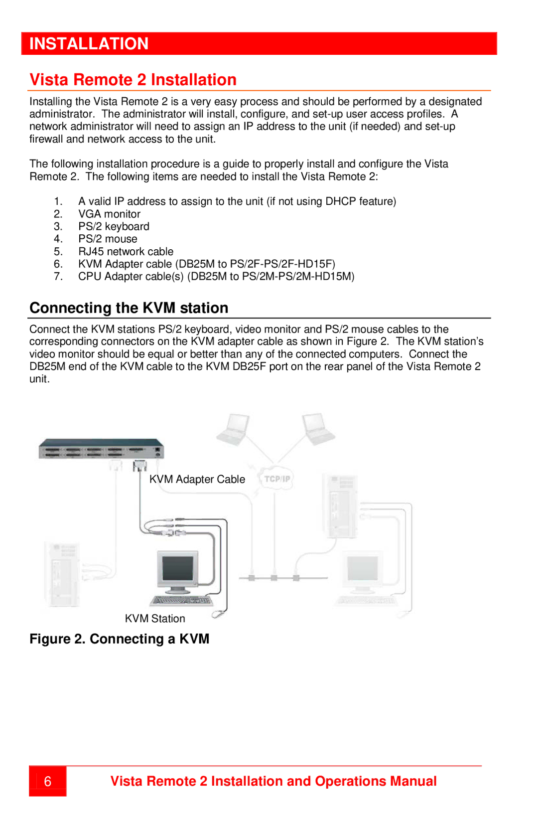 Rose electronic MAN-VR2 manual Vista Remote 2 Installation, Connecting the KVM station 