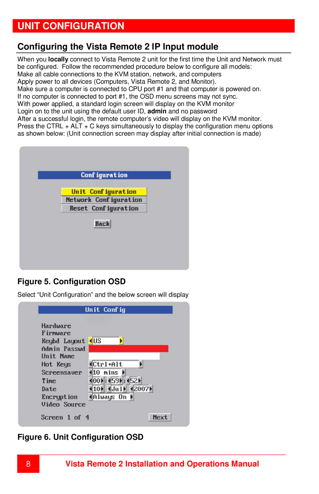 Rose electronic MAN-VR2 manual Unit Configuration, Configuring the Vista Remote 2 IP Input module 