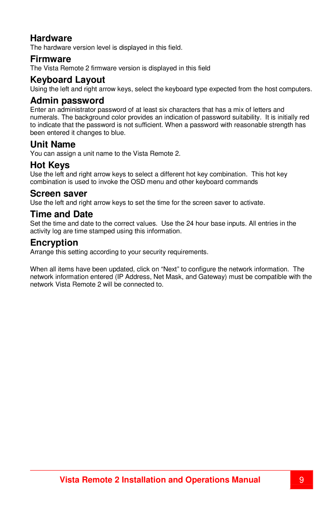 Rose electronic MAN-VR2 Hardware, Firmware, Keyboard Layout, Admin password, Unit Name, Hot Keys, Screen saver, Encryption 