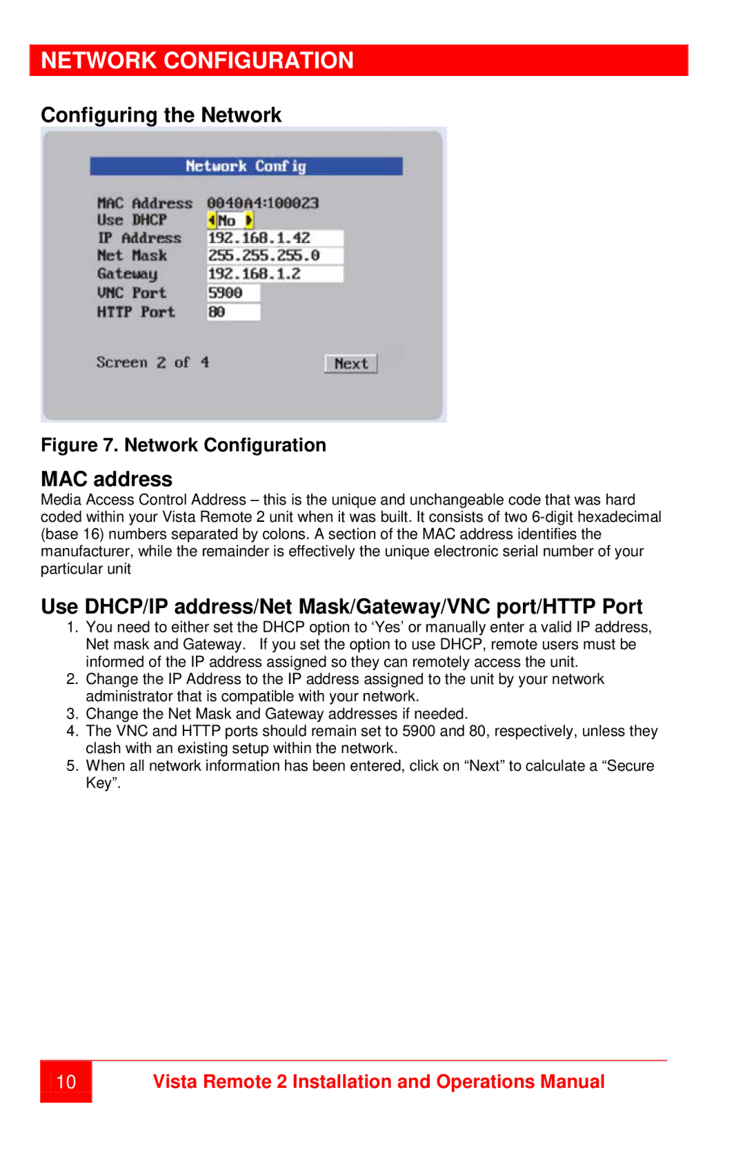 Rose electronic MAN-VR2 manual Network Configuration, Configuring the Network, MAC address 