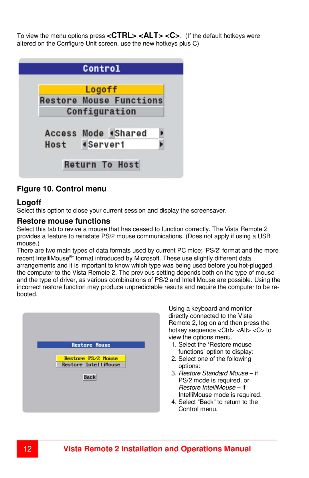 Rose electronic MAN-VR2 manual Control menu Logoff, Restore mouse functions 