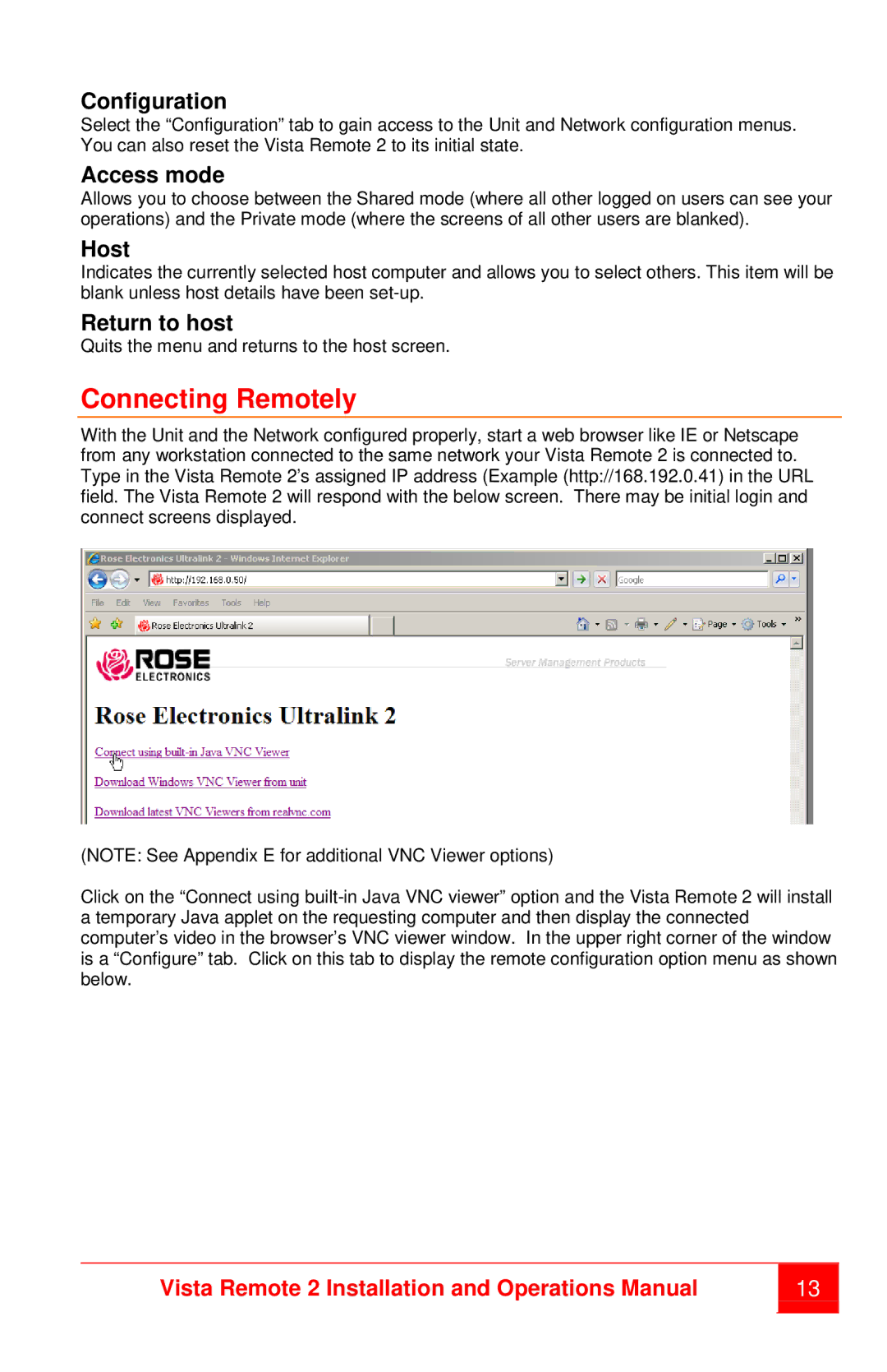 Rose electronic MAN-VR2 manual Connecting Remotely, Configuration, Access mode, Host, Return to host 