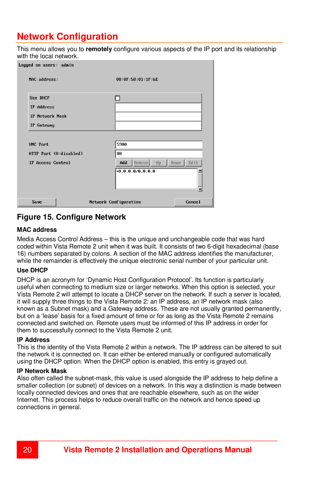 Rose electronic MAN-VR2 manual Network Configuration, MAC address, Use Dhcp, IP Address, IP Network Mask 