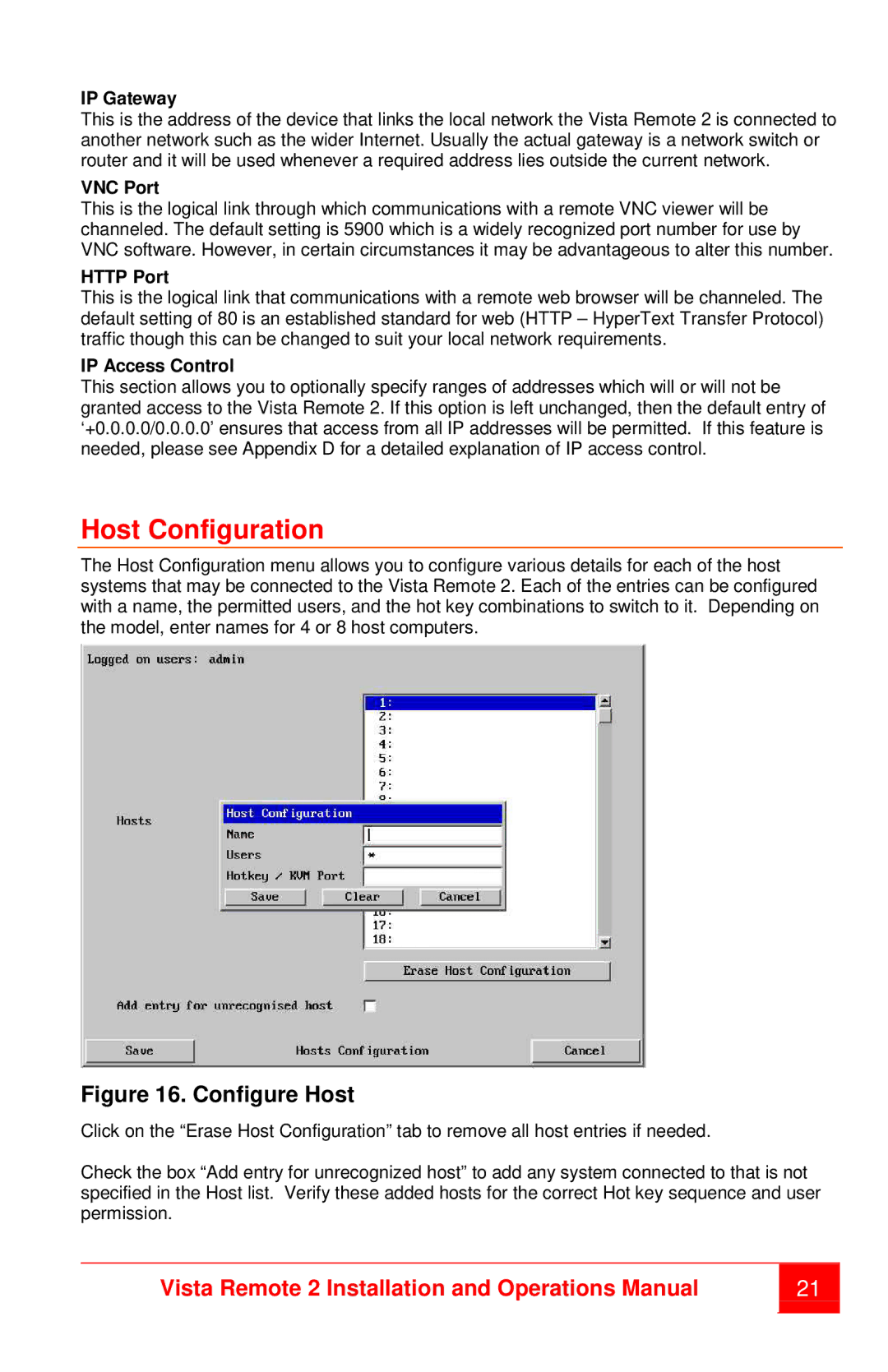 Rose electronic MAN-VR2 manual Host Configuration, IP Gateway, VNC Port, Http Port, IP Access Control 