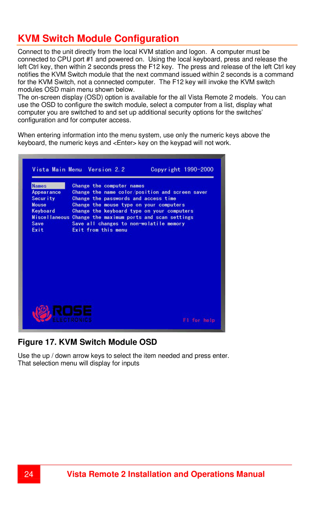 Rose electronic MAN-VR2 manual KVM Switch Module Configuration, KVM Switch Module OSD 