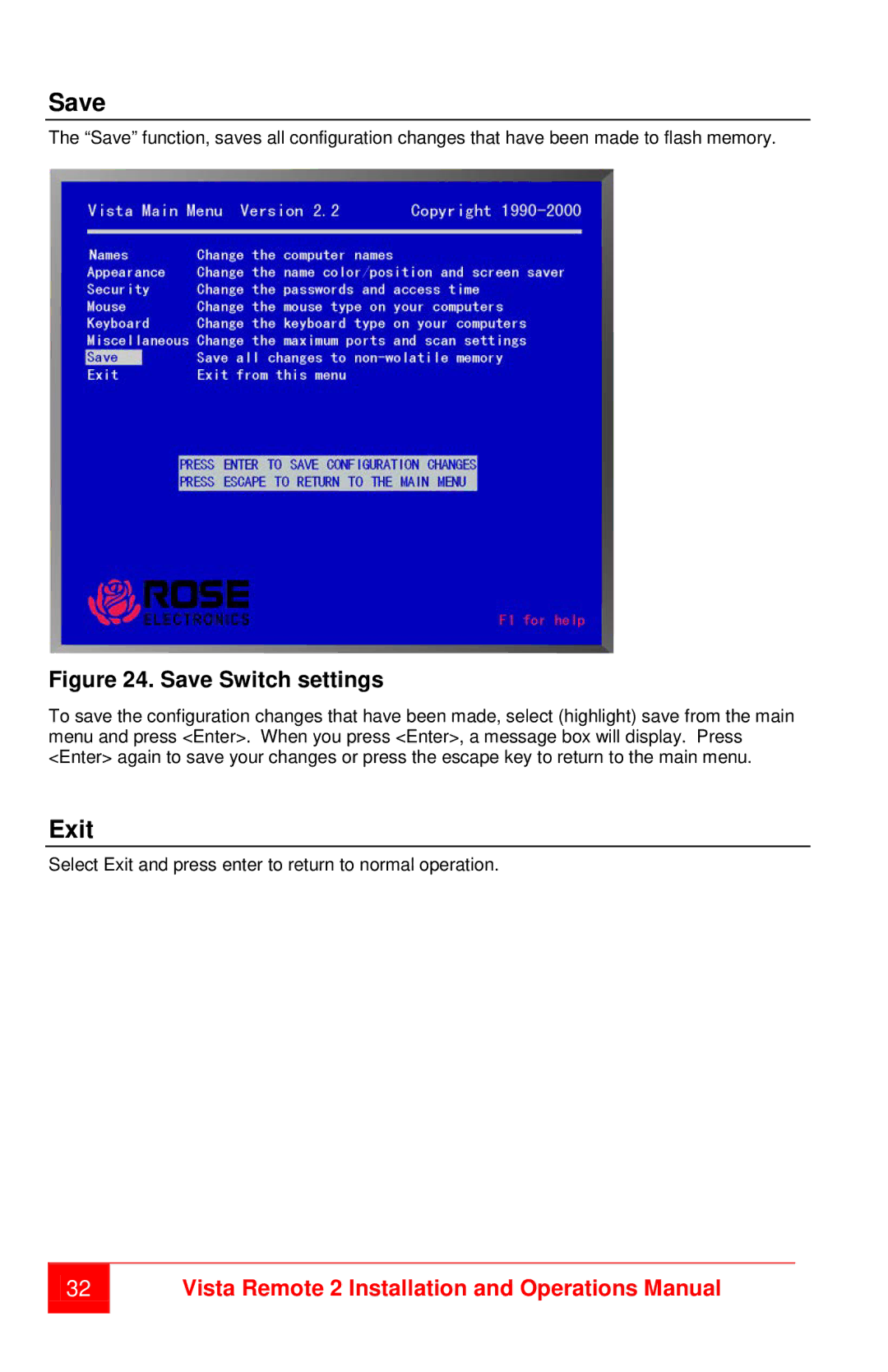Rose electronic MAN-VR2 manual Save, Exit 