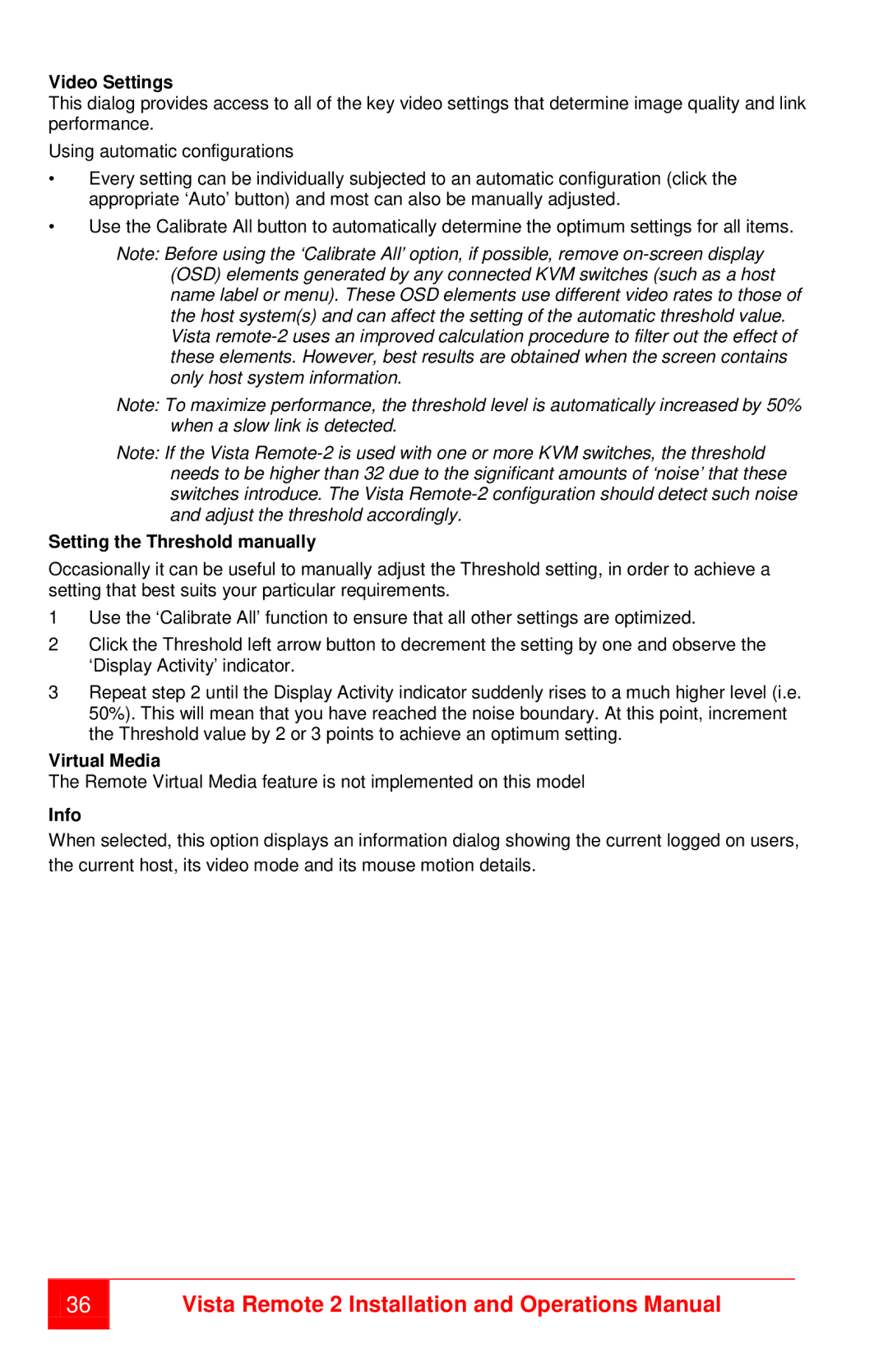 Rose electronic MAN-VR2 Video Settings, Setting the Threshold manually, Virtual Media, Info 