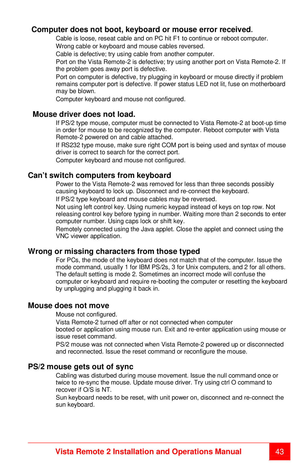 Rose electronic MAN-VR2 manual Computer does not boot, keyboard or mouse error received, Mouse driver does not load 