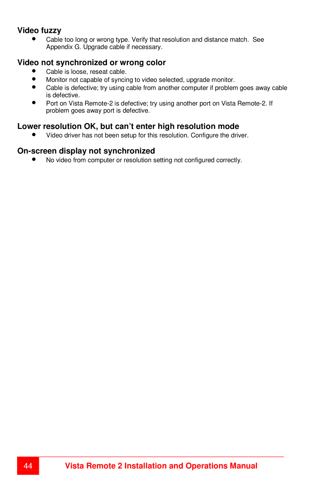 Rose electronic MAN-VR2 manual Video fuzzy, Video not synchronized or wrong color, On-screen display not synchronized 